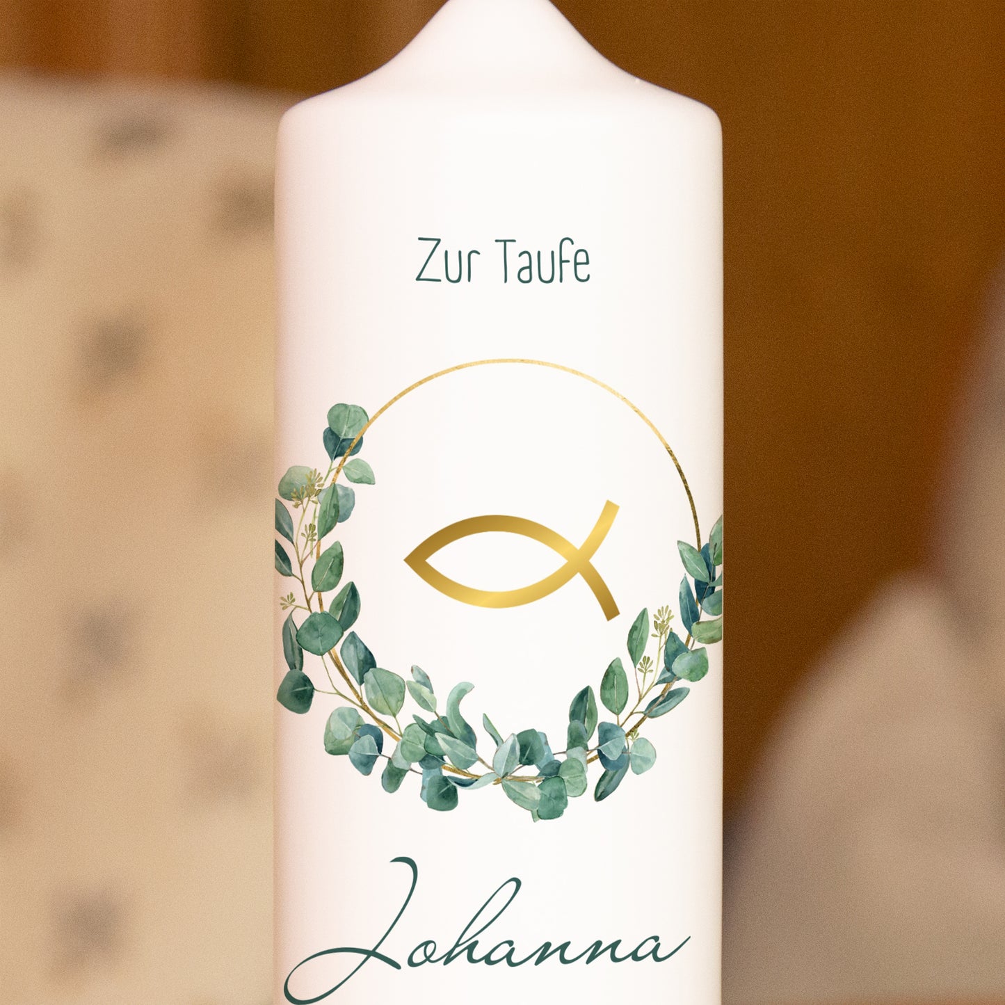 Taufkerze - Fisch Blattkranz