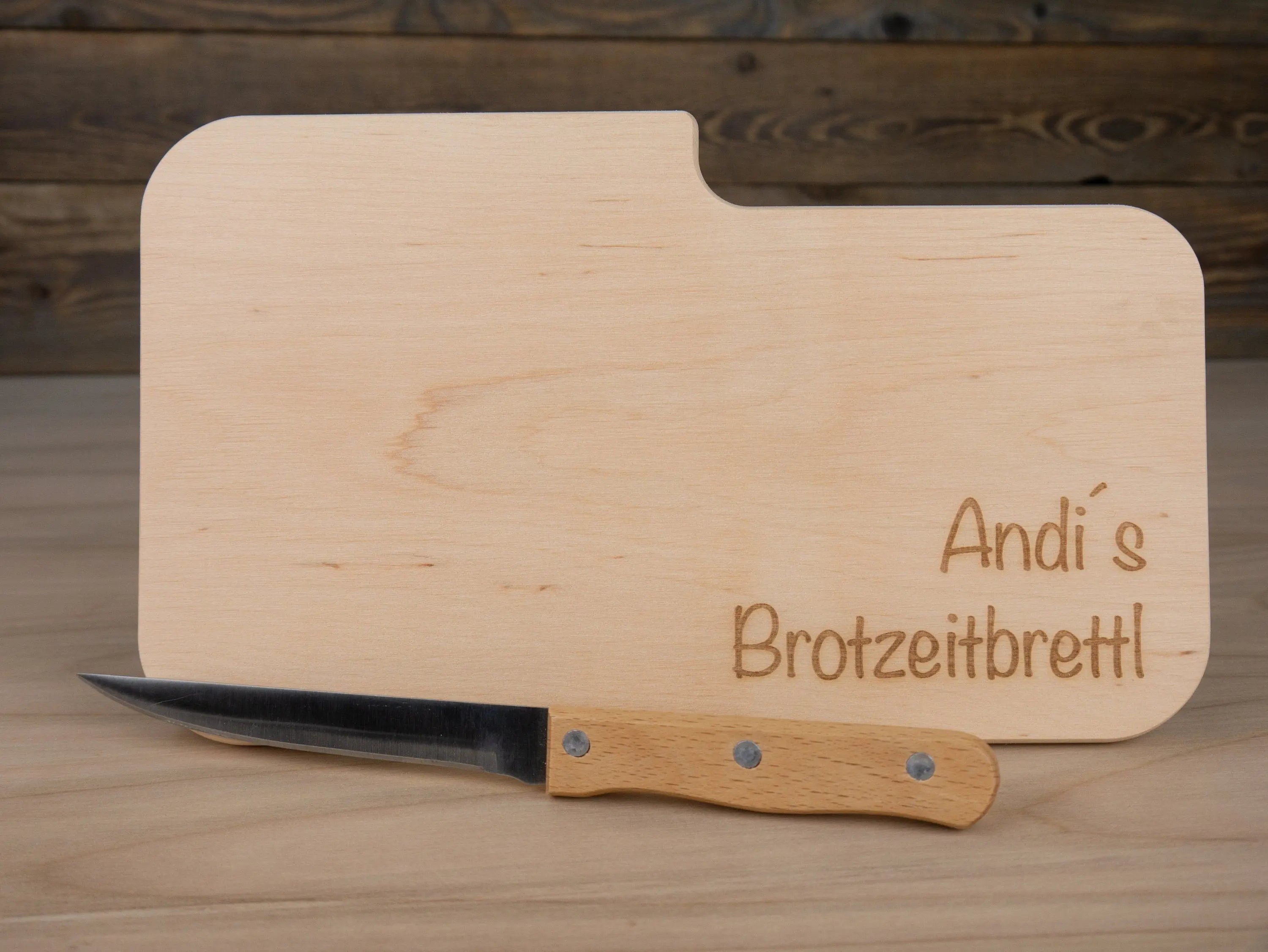 Schneidebrett mit Messer, personalisiertbar, aus massivem Erlenholz, Brotzeitbrett, Frühstücksbrett, Vesper