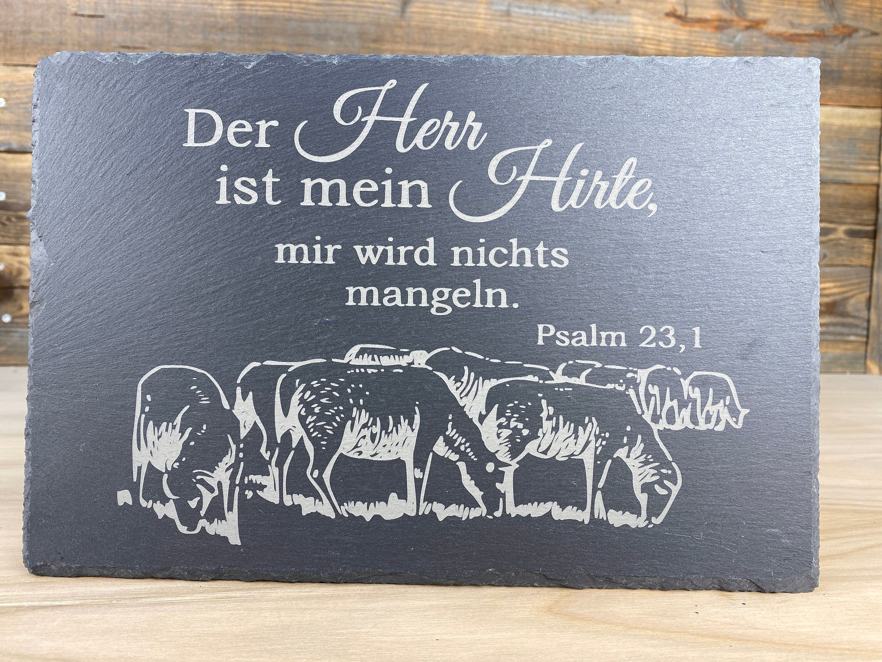 Spruchtafel "Der Herr ist mein Hirte" aus Schiefer, graviert - Psalm 23 - Geschenk, Dekoration, Sprüche, Christlich, Religiös, Bibel
