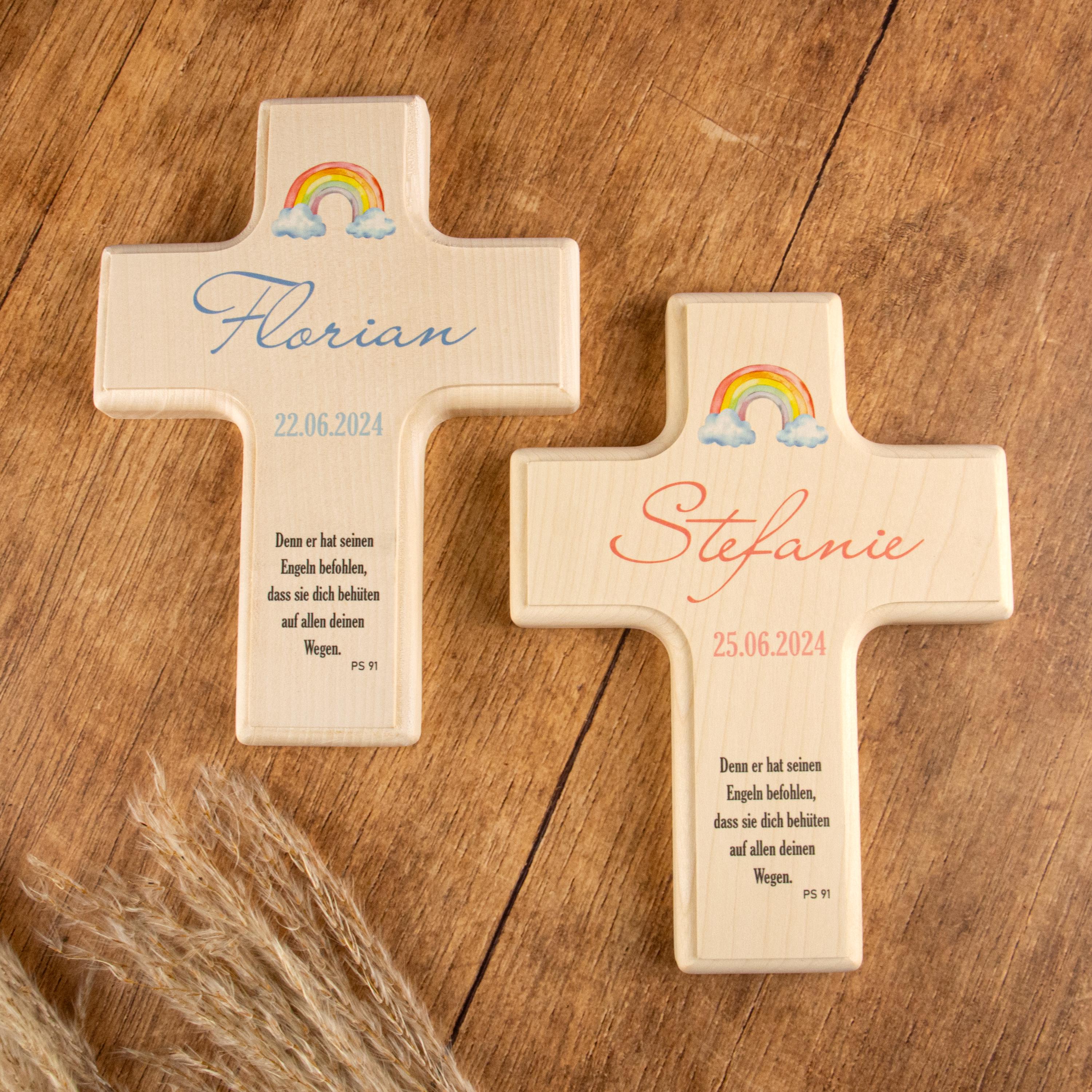 Taufkreuz, Kreuz zur Tauf, personalisiertes Kreuz, Kreuz mit Namen, Geschenk zur Taufe, Taufgeschenk, Taufe, Regenbogen