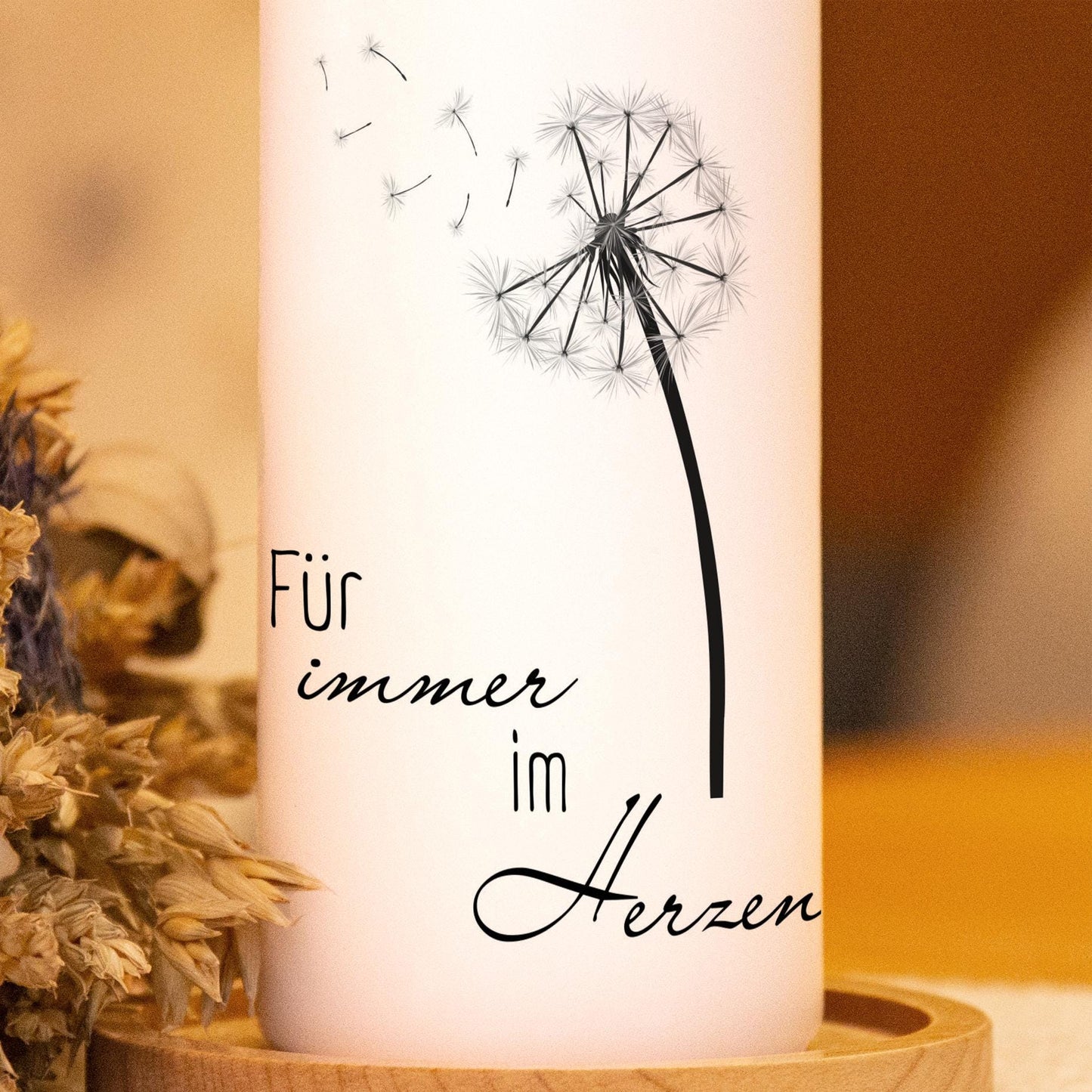 Trauerkerze Pusteblume - Im Herzen, Gedenklicht, Geschenk für Trauernde, Trauergeschenk, Kordolenzgeschenk, Geschenk für Angehörige