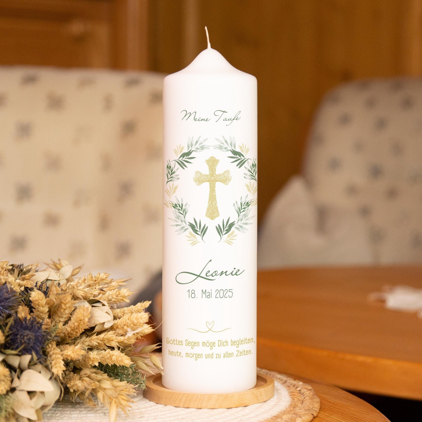 Taufkerze Kreuz - Leonie - Für die Taufe, Kerze zur Taufe, Taufkerze, Personalisierte Taufkerze