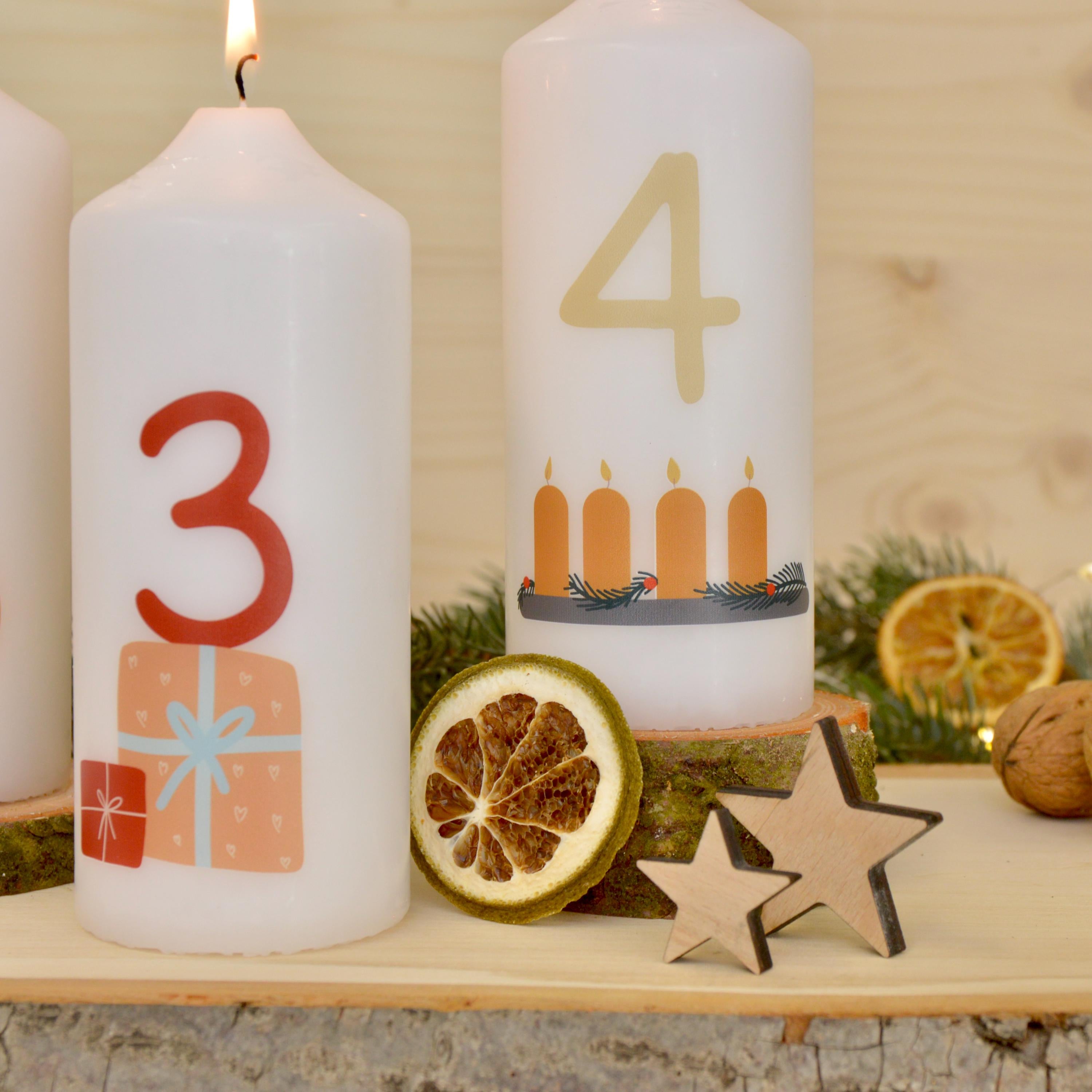 4 Adventskerzen mit modernen Weihnachtsmotiven – Schlichtes Kerzen Set für Adventskranz | Minimalistische Weihnachtsdeko | Handgemacht