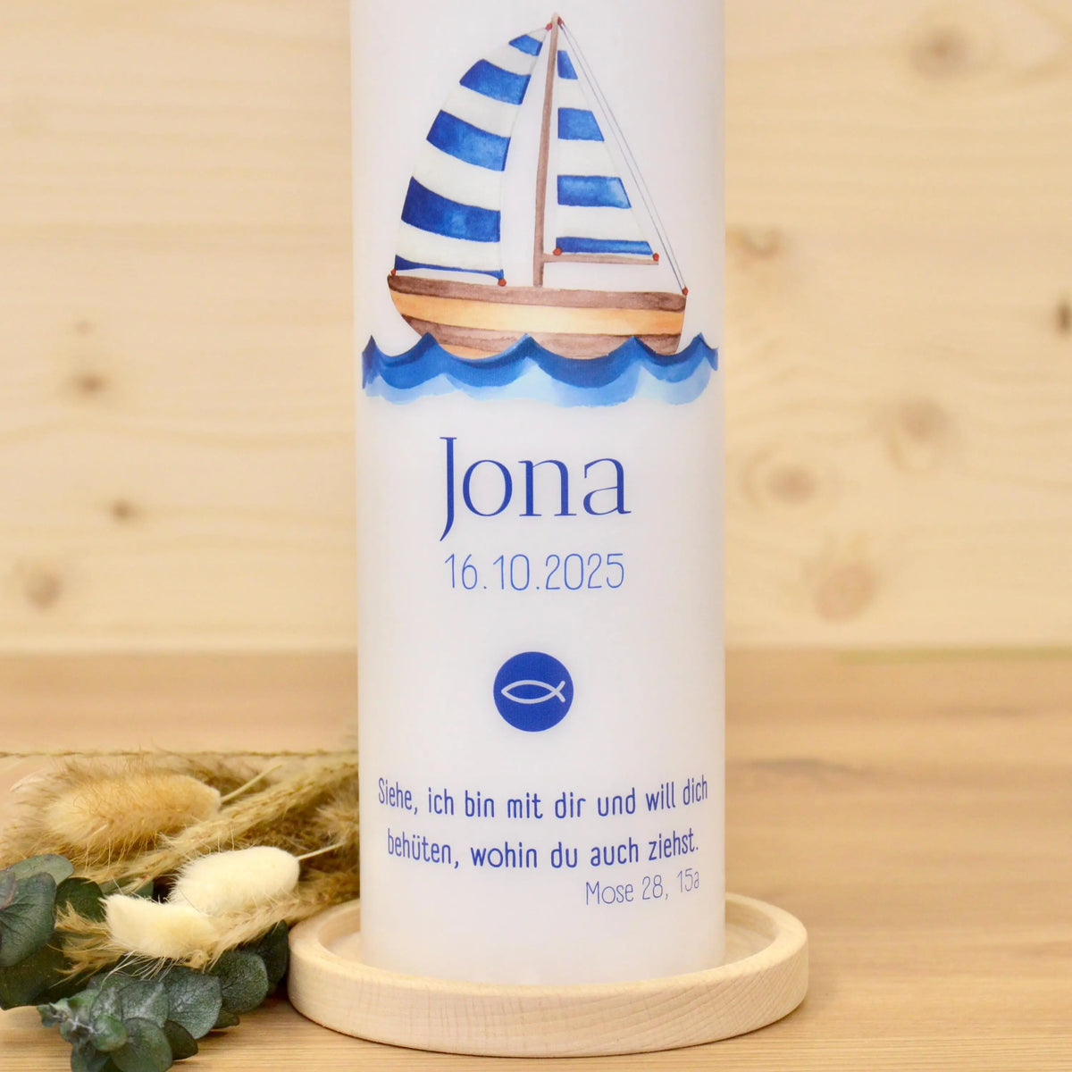 Taufkerze Schiff - Jona - Geschenk zur Taufe - Taufkerze Boot, Kerze zur Taufe, Taufkerze, Personalisierte Taufkerze