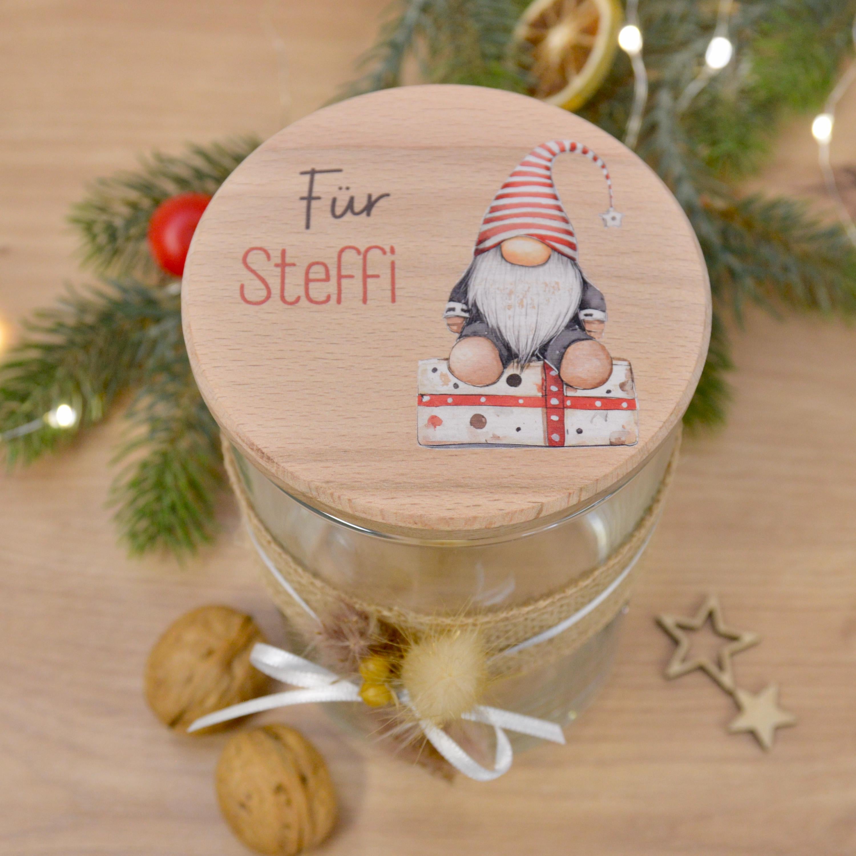 Aufbewahrungsglas | Wichtel mit Geschenk "Für Steffi" – personalisierte Geschenkidee zum Weihnachten, Weihnachtswichtel, Wichteln