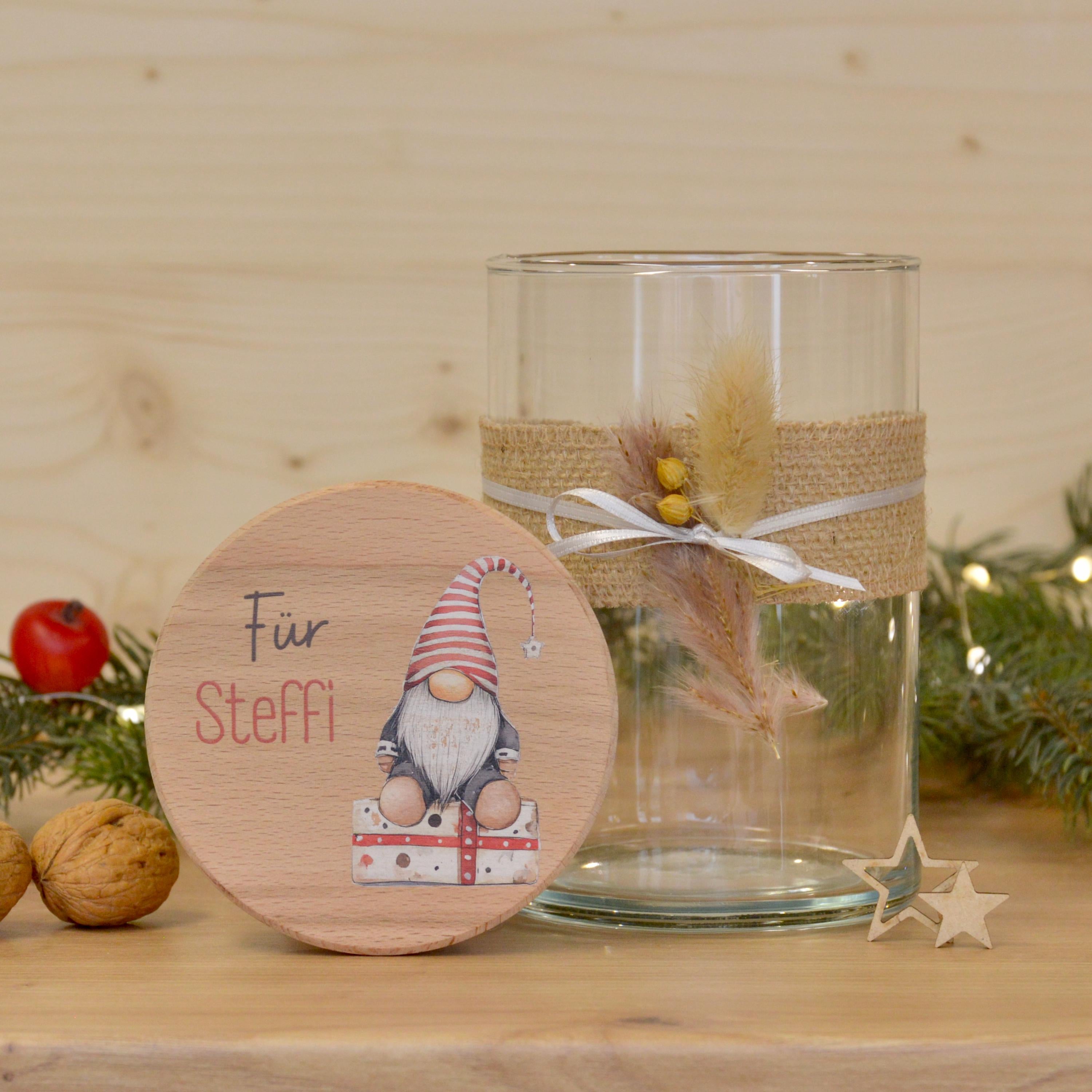 Aufbewahrungsglas | Wichtel mit Geschenk "Für Steffi" – personalisierte Geschenkidee zum Weihnachten, Weihnachtswichtel, Wichteln