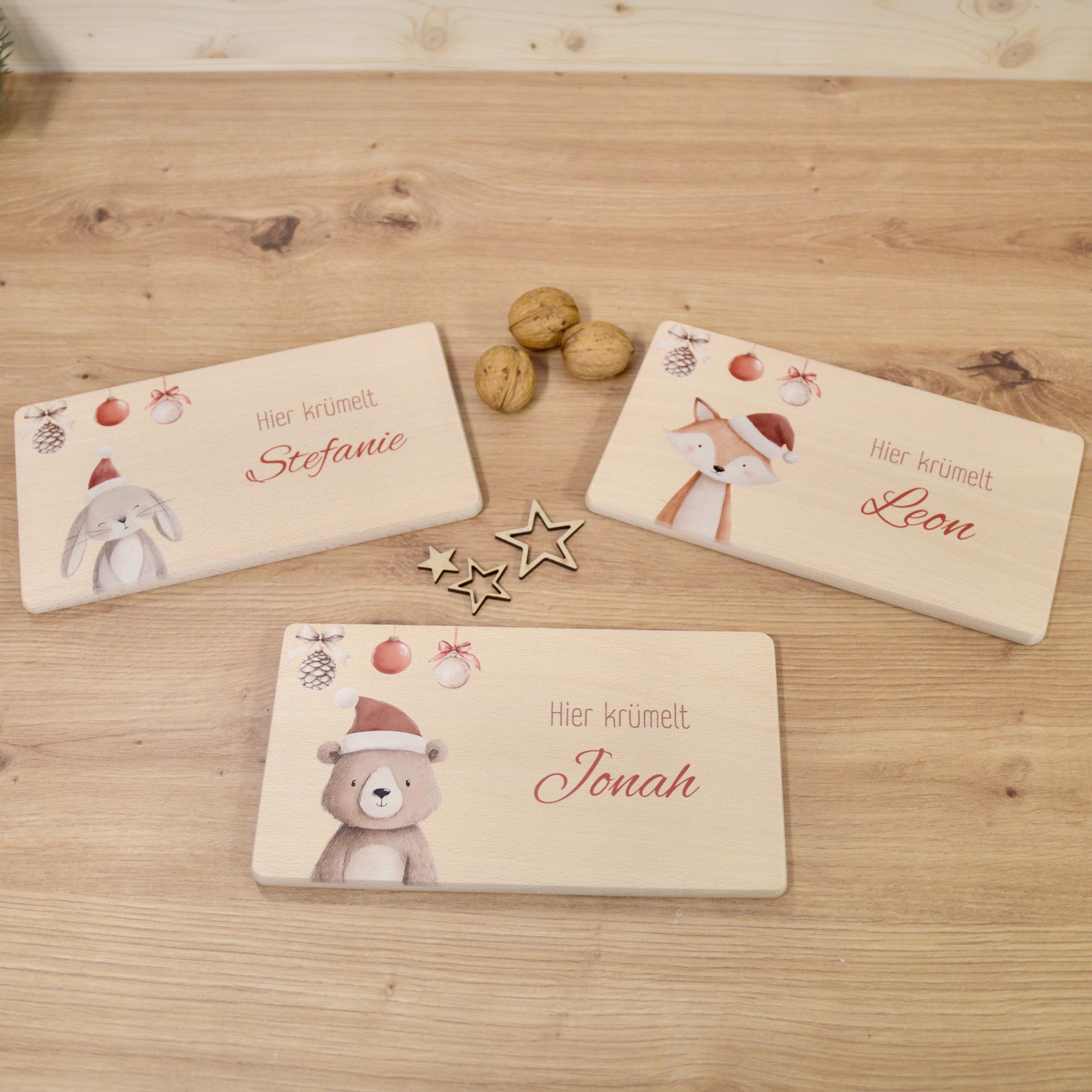 Personalisiertes Frühstücksbrettchen mit Name – Winter Tiere im Boho Stil | Geschenk für Kinder | Weihnachtsgeschenk | Brotzeitbrett