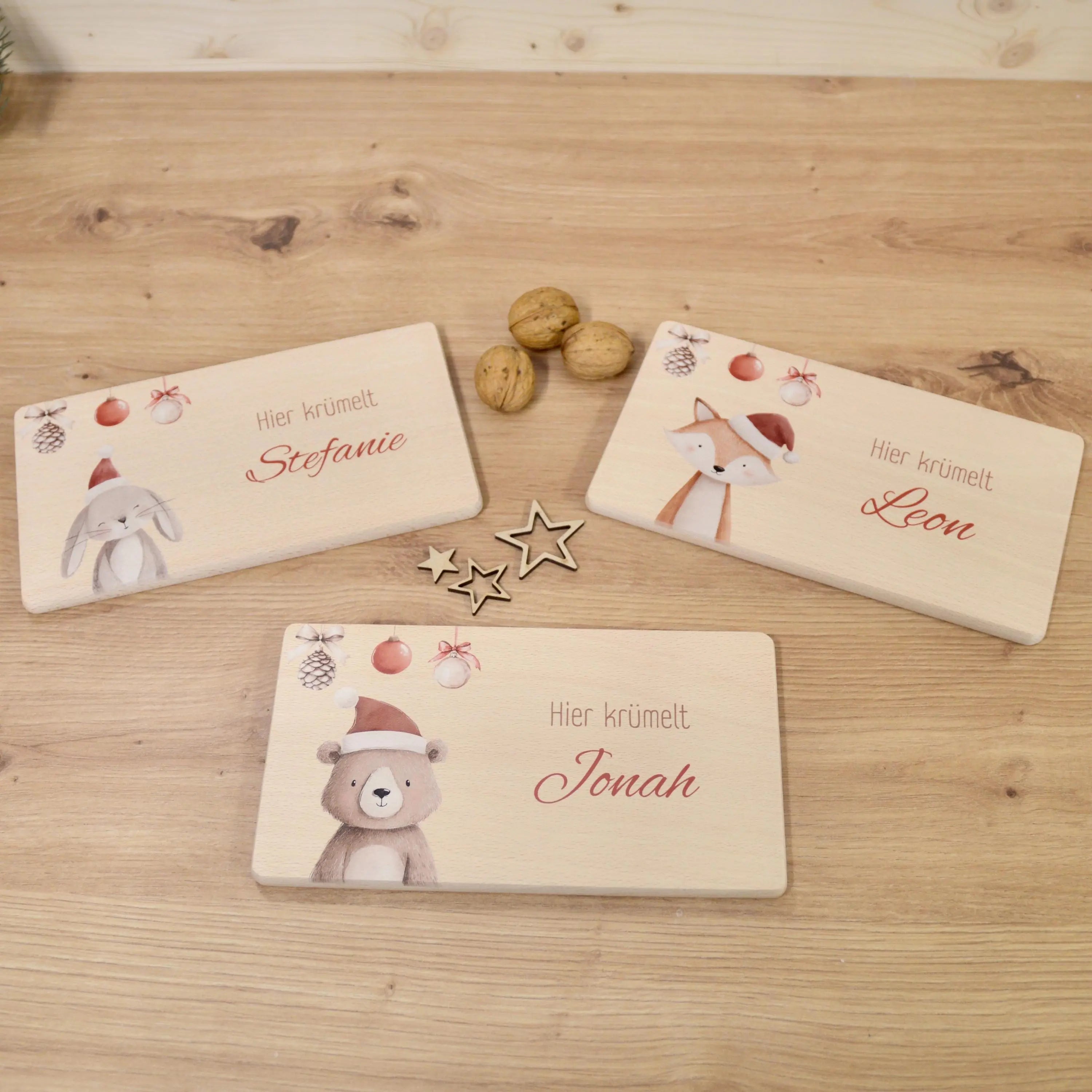 Personalisiertes Frühstücksbrettchen mit Name – Winter Tiere im Boho Stil | Geschenk für Kinder | Weihnachtsgeschenk | Brotzeitbrett