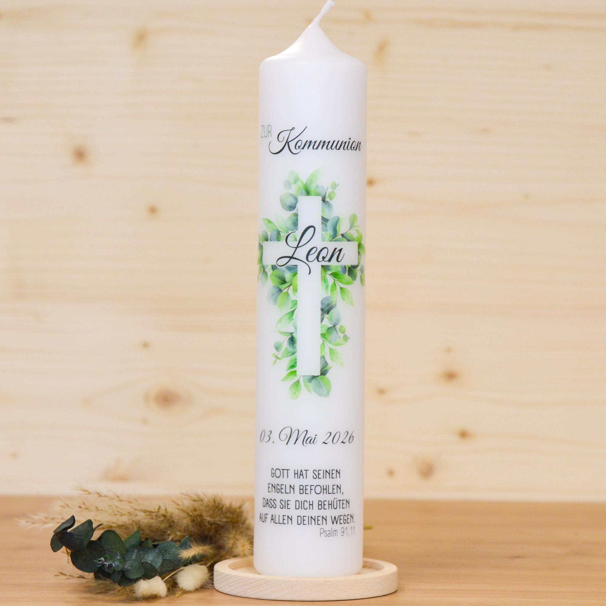 Personalisierte Kommunionkerze Kreuz Leon – Mit Name, Datum & Spruch – Kerze zur Erstkommunion - Erstkommunion