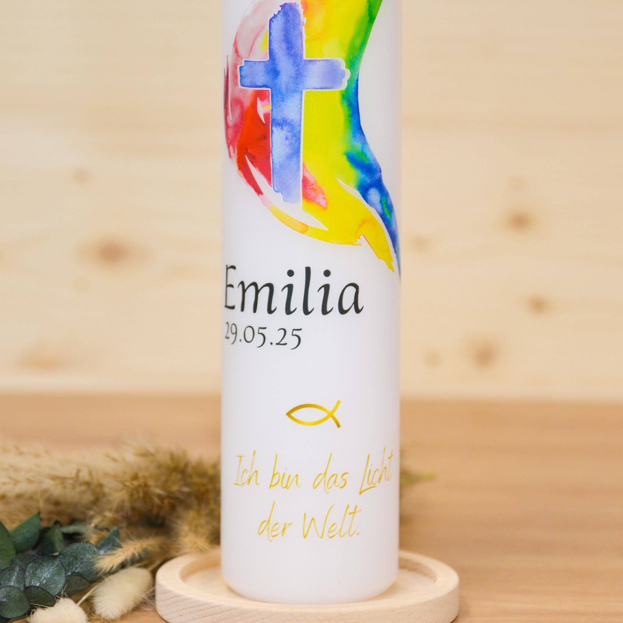 Personalisierte Kommunionkerze Regenbogen Kreuz Emilia – Mit Name, Datum & Spruch – Kerze zur Erstkommunion - Erstkommunion