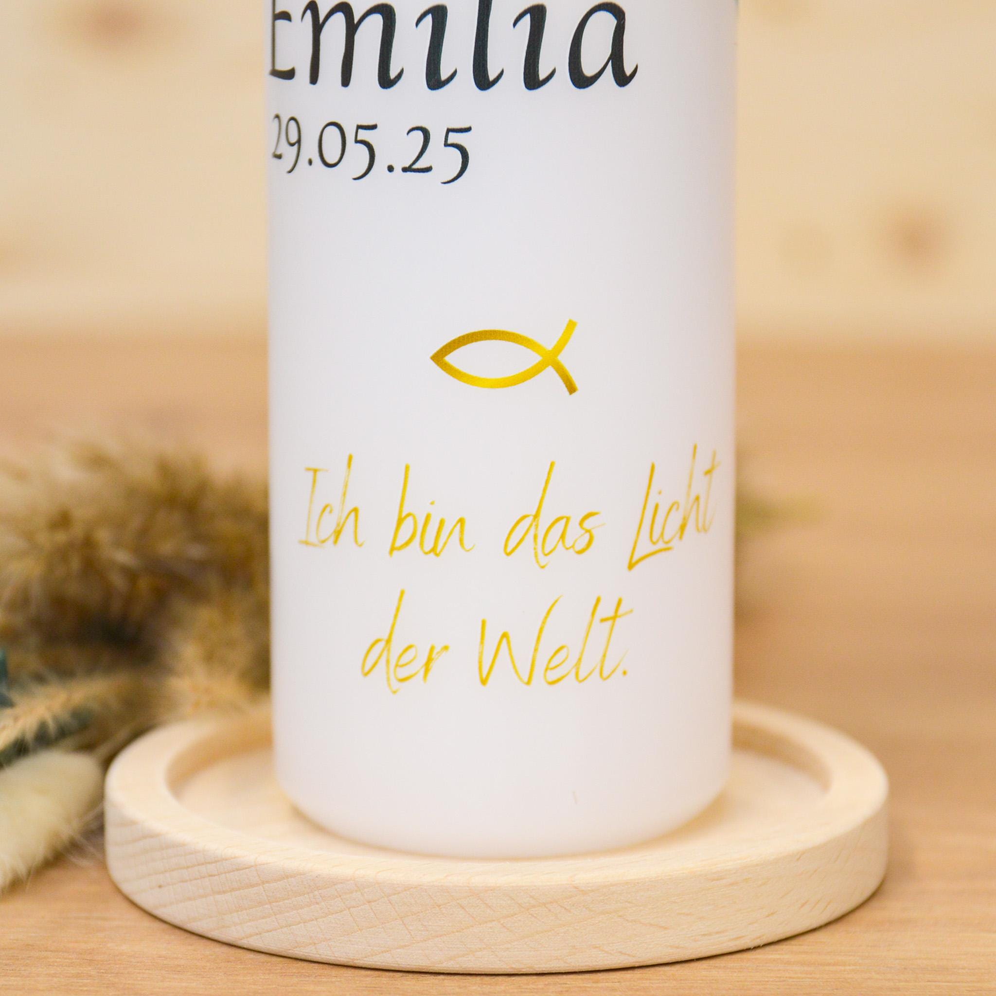 Personalisierte Kommunionkerze Regenbogen Kreuz Emilia – Mit Name, Datum & Spruch – Kerze zur Erstkommunion - Erstkommunion