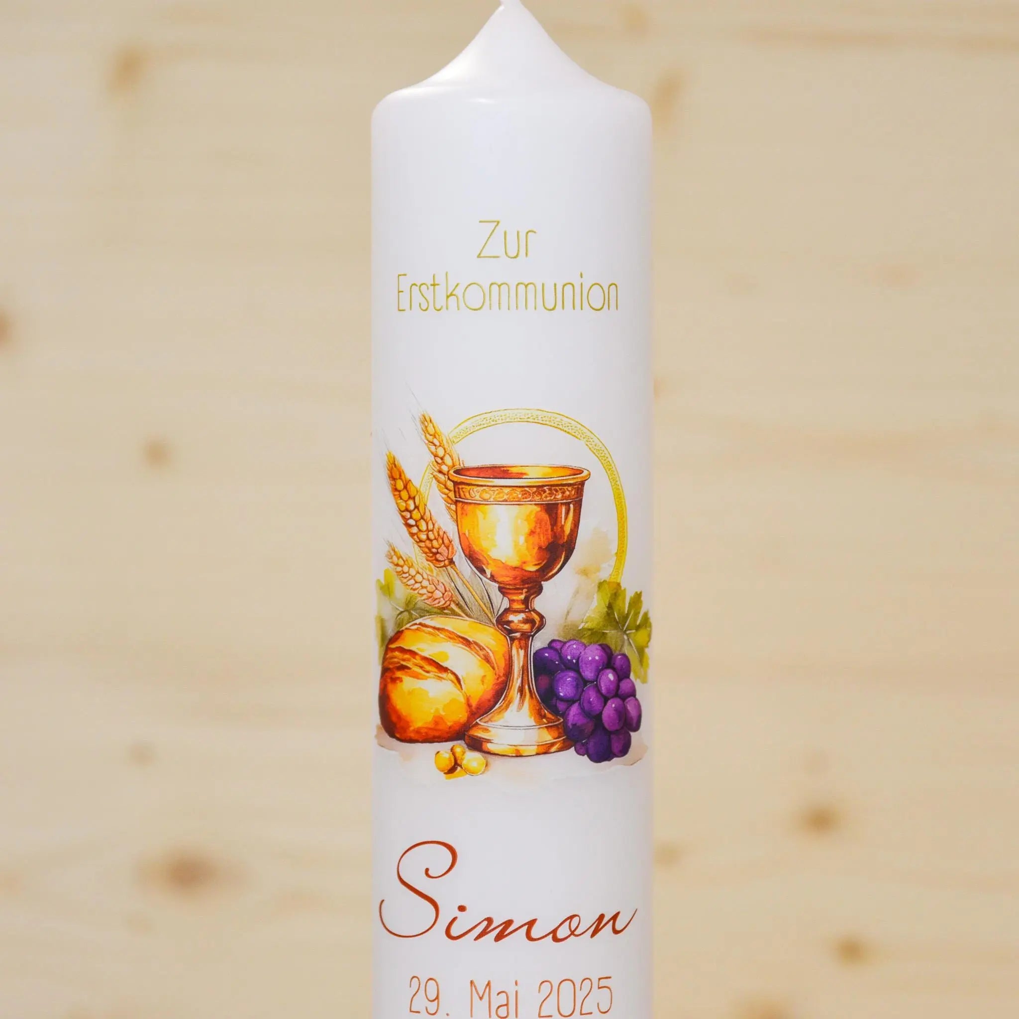 Personalisierte Kommunionkerze Brot und Wein Simon – Mit Name, Datum & Spruch – Kerze zur Erstkommunion - Erstkommunion