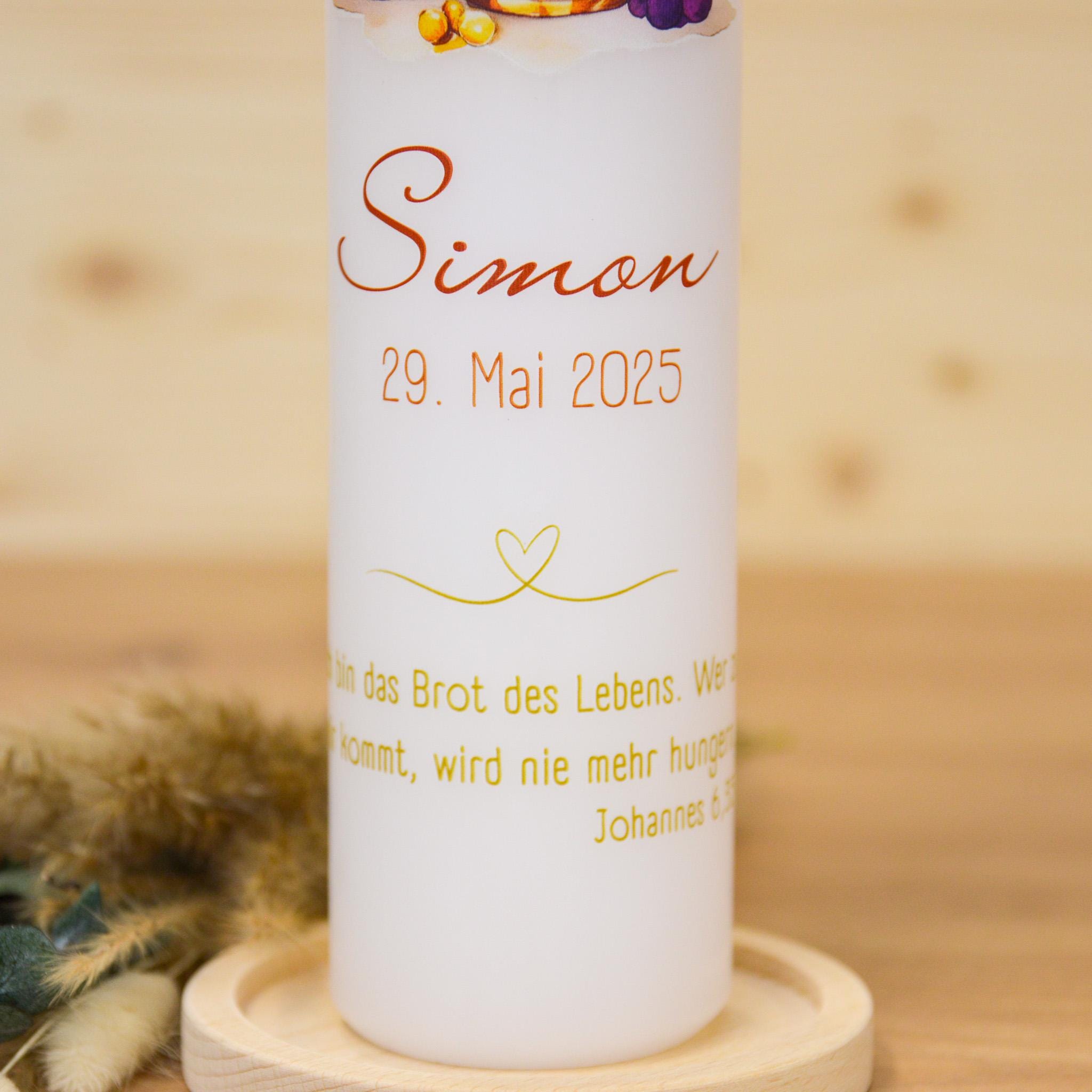 Personalisierte Kommunionkerze Brot und Wein Simon – Mit Name, Datum & Spruch – Kerze zur Erstkommunion - Erstkommunion