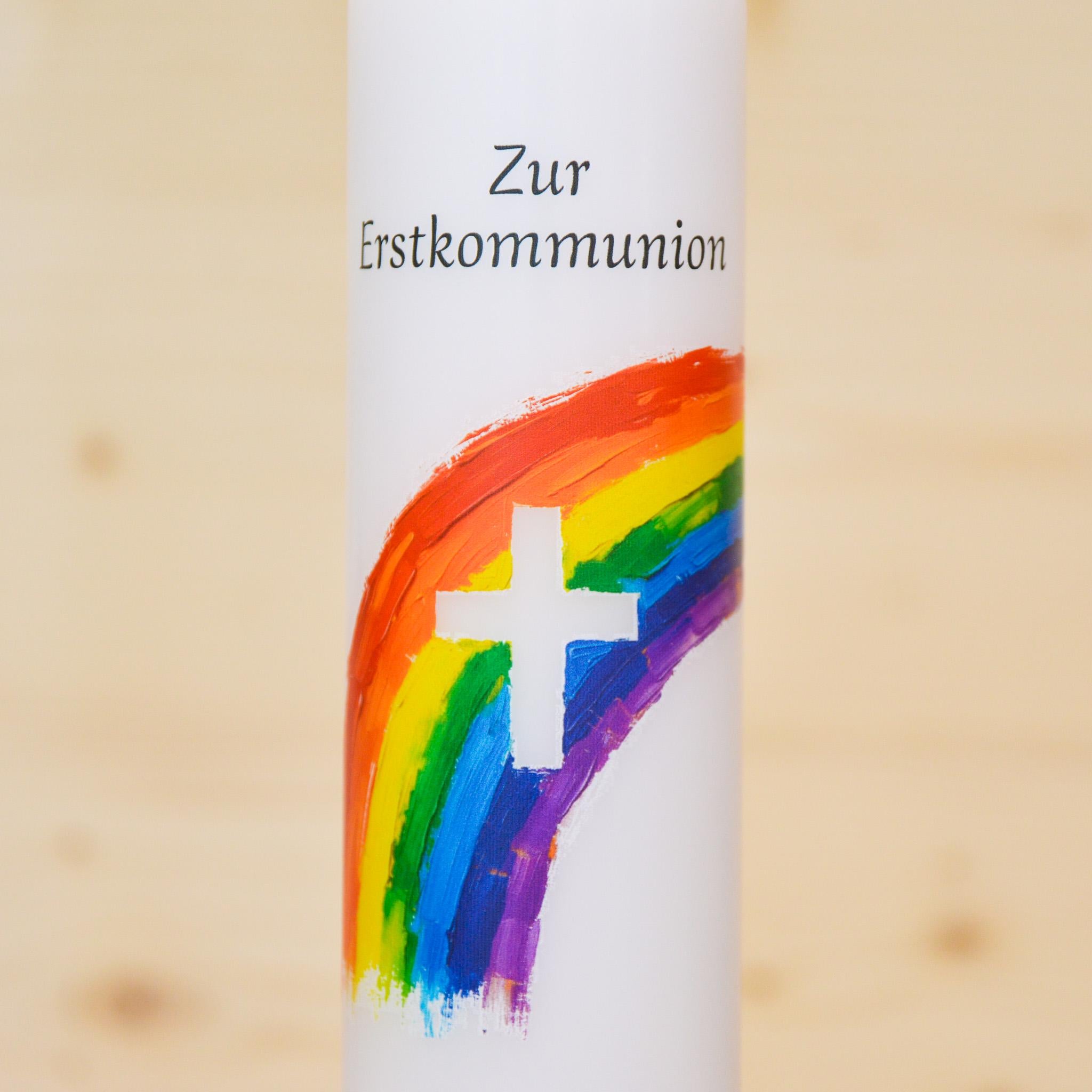 Personalisierte Kommunionkerze Regenbogen Kreuz Paul – Mit Name, Datum & Spruch – Kerze zur Erstkommunion - Erstkommunion