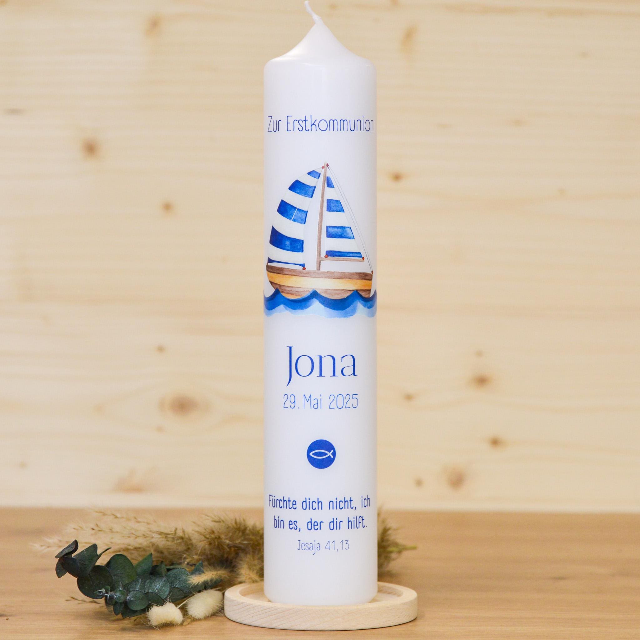 Personalisierte Kommunionkerze Schiff Jona – Mit Name, Datum & Spruch – Kerze zur Erstkommunion - Erstkommunion