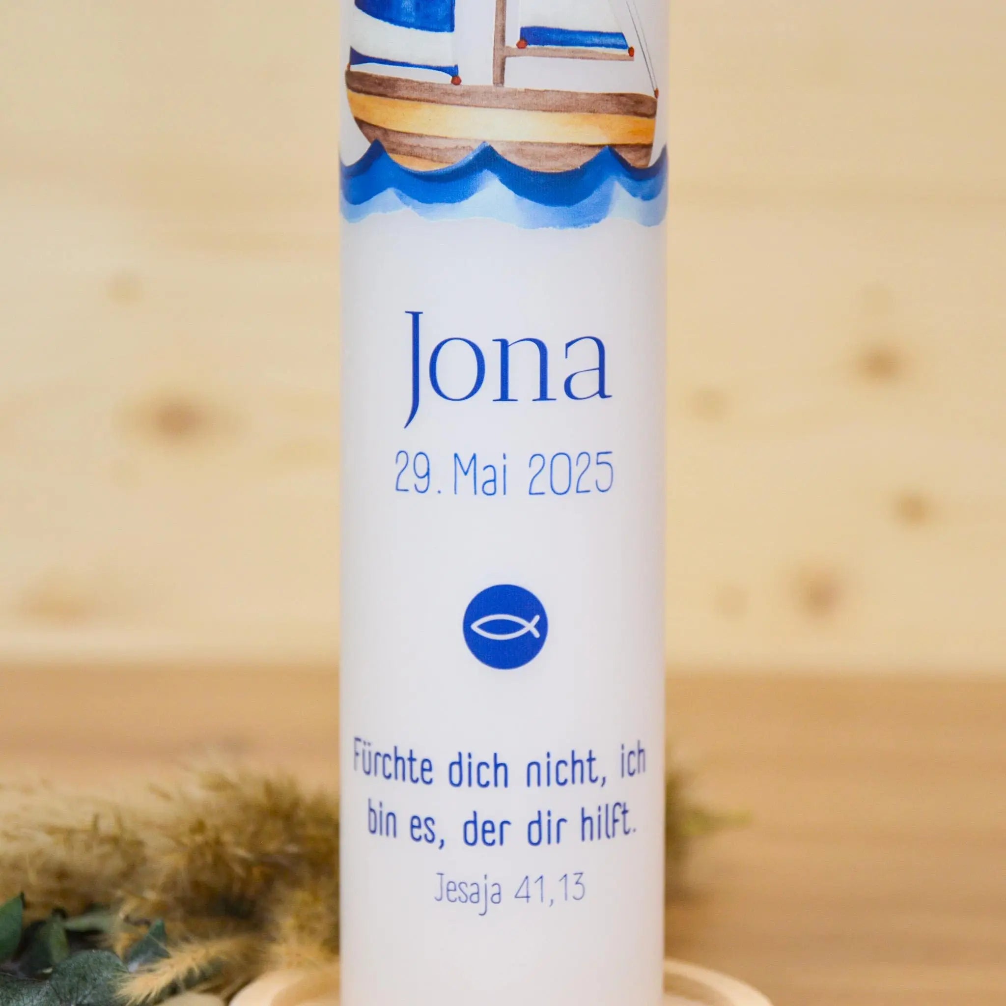 Personalisierte Kommunionkerze Schiff Jona – Mit Name, Datum & Spruch – Kerze zur Erstkommunion - Erstkommunion