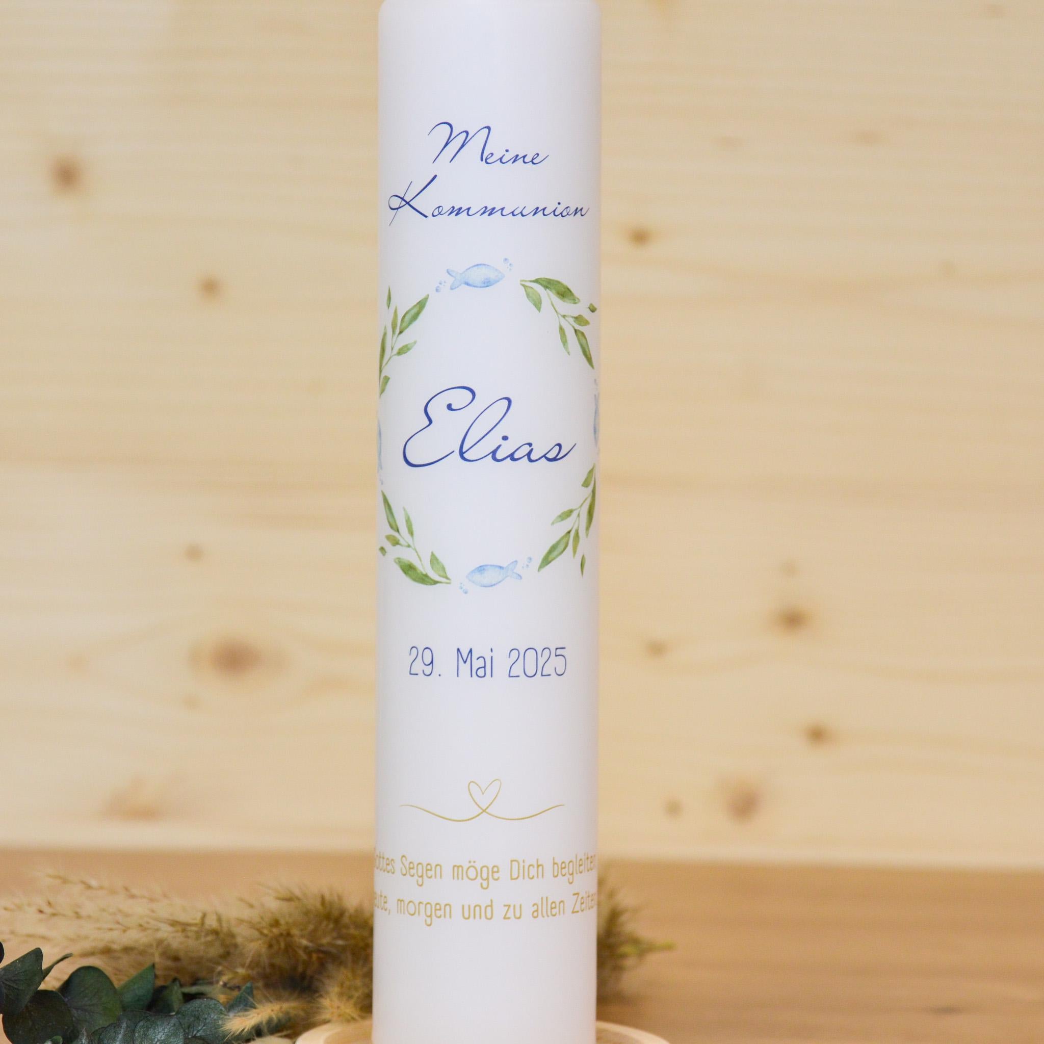 Personalisierte Kommunionkerze Fisch Elias – Mit Name, Datum & Spruch – Kerze zur Erstkommunion - Erstkommunion