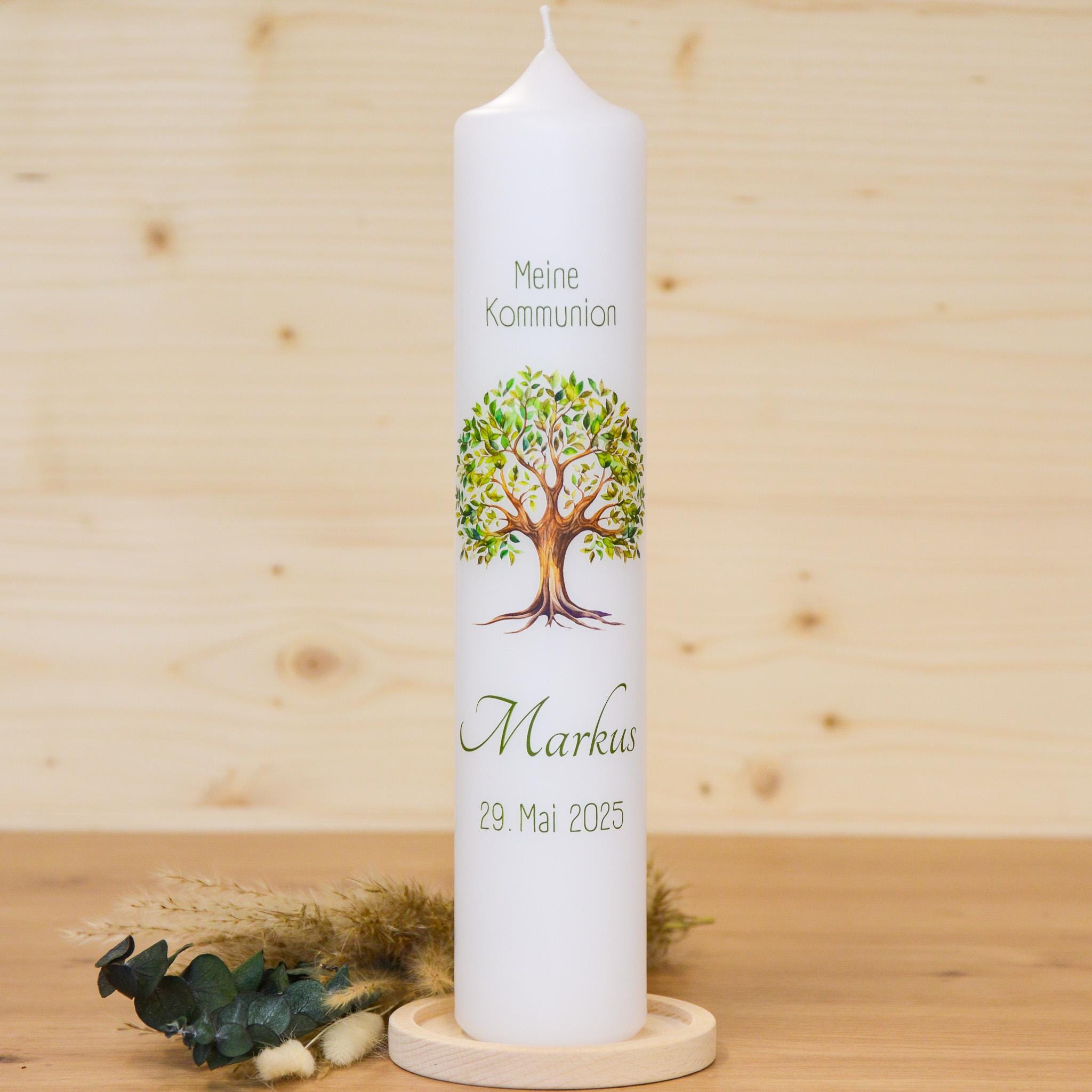 Personalisierte Kommunionkerze Lebensbaum Markus – Mit Name, Datum & Spruch – Kerze zur Erstkommunion - Erstkommunion