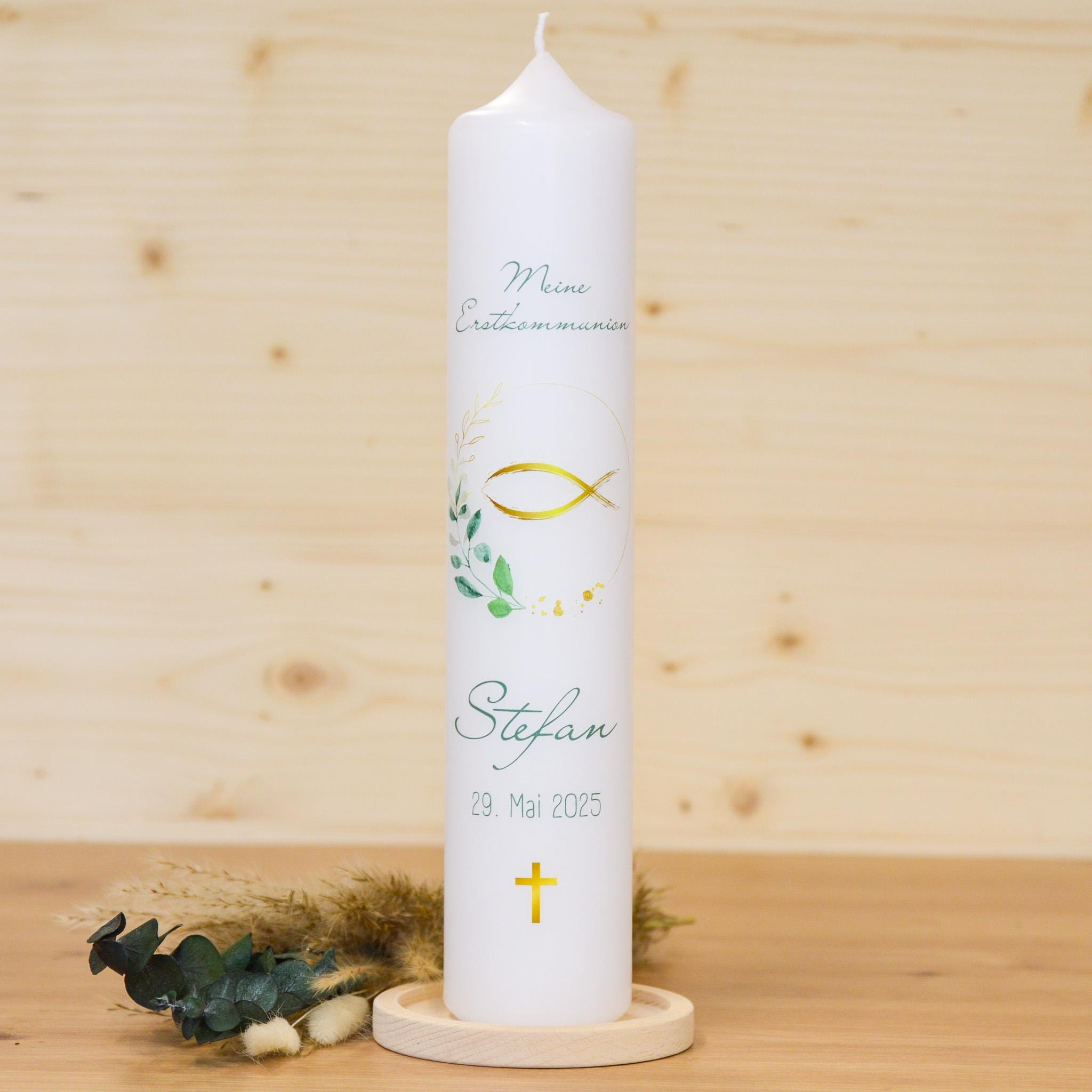 Personalisierte Kommunionkerze Fisch Stefan – Mit Name, Datum & Spruch – Kerze zur Erstkommunion - Erstkommunion