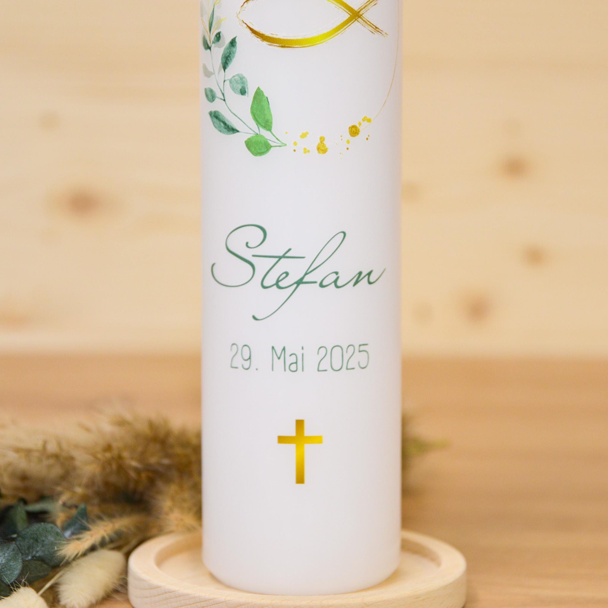 Personalisierte Kommunionkerze Fisch Stefan – Mit Name, Datum & Spruch – Kerze zur Erstkommunion - Erstkommunion