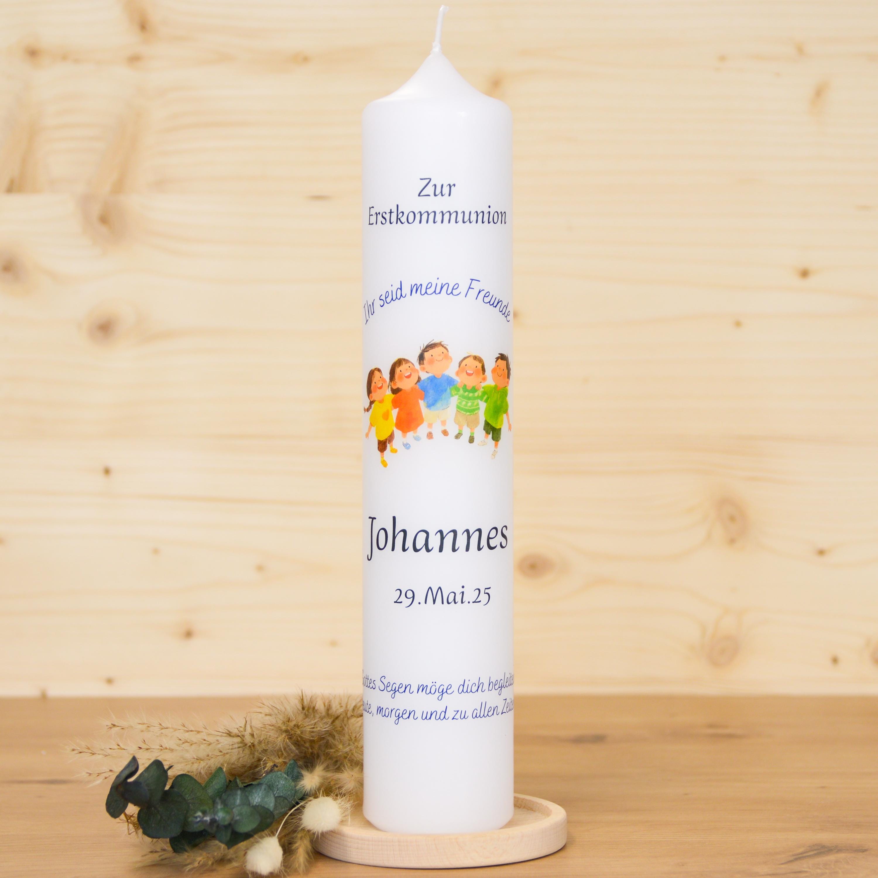 Personalisierte Kommunionkerze 2026 Johannes - Ihr seid meine Freunde – Mit Name, Datum & Spruch – Kerze Erstkommunion - Erstkommunion 2026