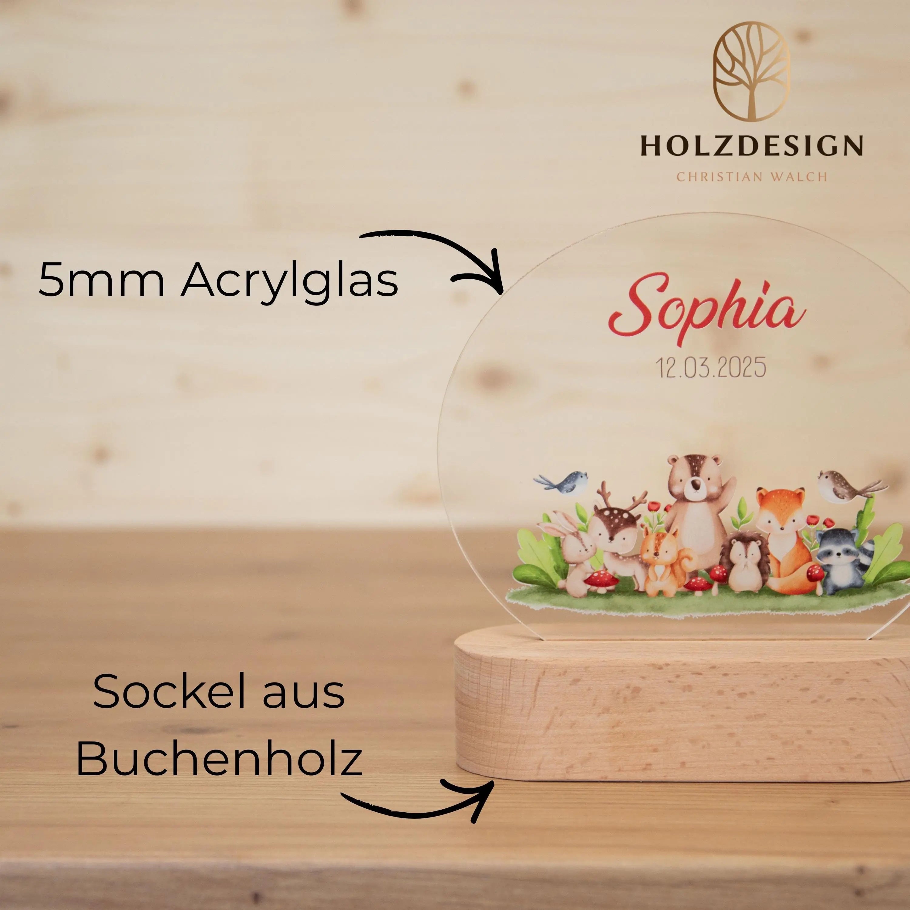 Personalisierte Nachtlampe Waldtiere Sophia, Babygeschenk Geburt, Geschenk zur Geburt, Taufgeschenk, Geburtstagsgeschenk, Nachtlicht Kinder