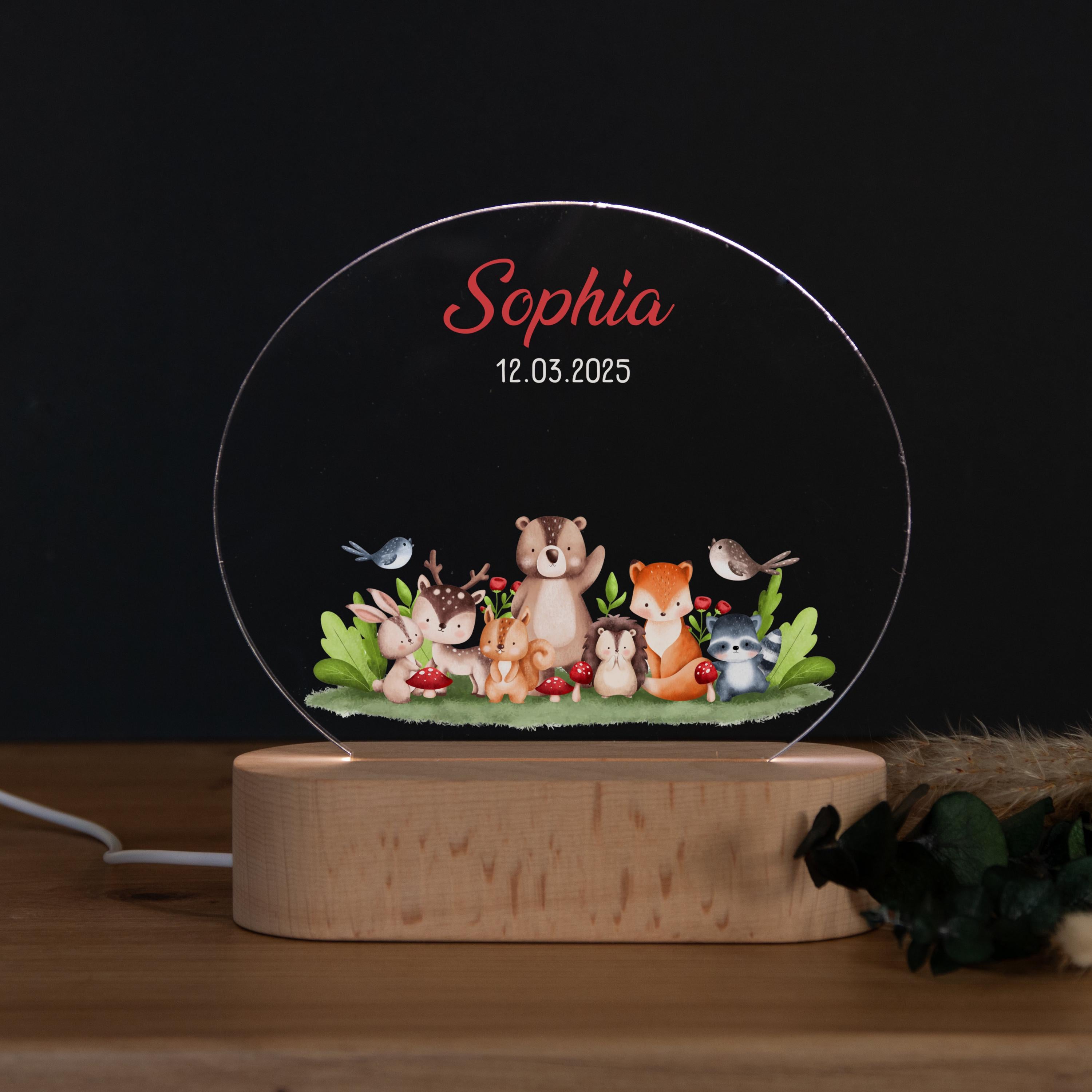 Personalisierte Nachtlampe Waldtiere Sophia, Babygeschenk Geburt, Geschenk zur Geburt, Taufgeschenk, Geburtstagsgeschenk, Nachtlicht Kinder