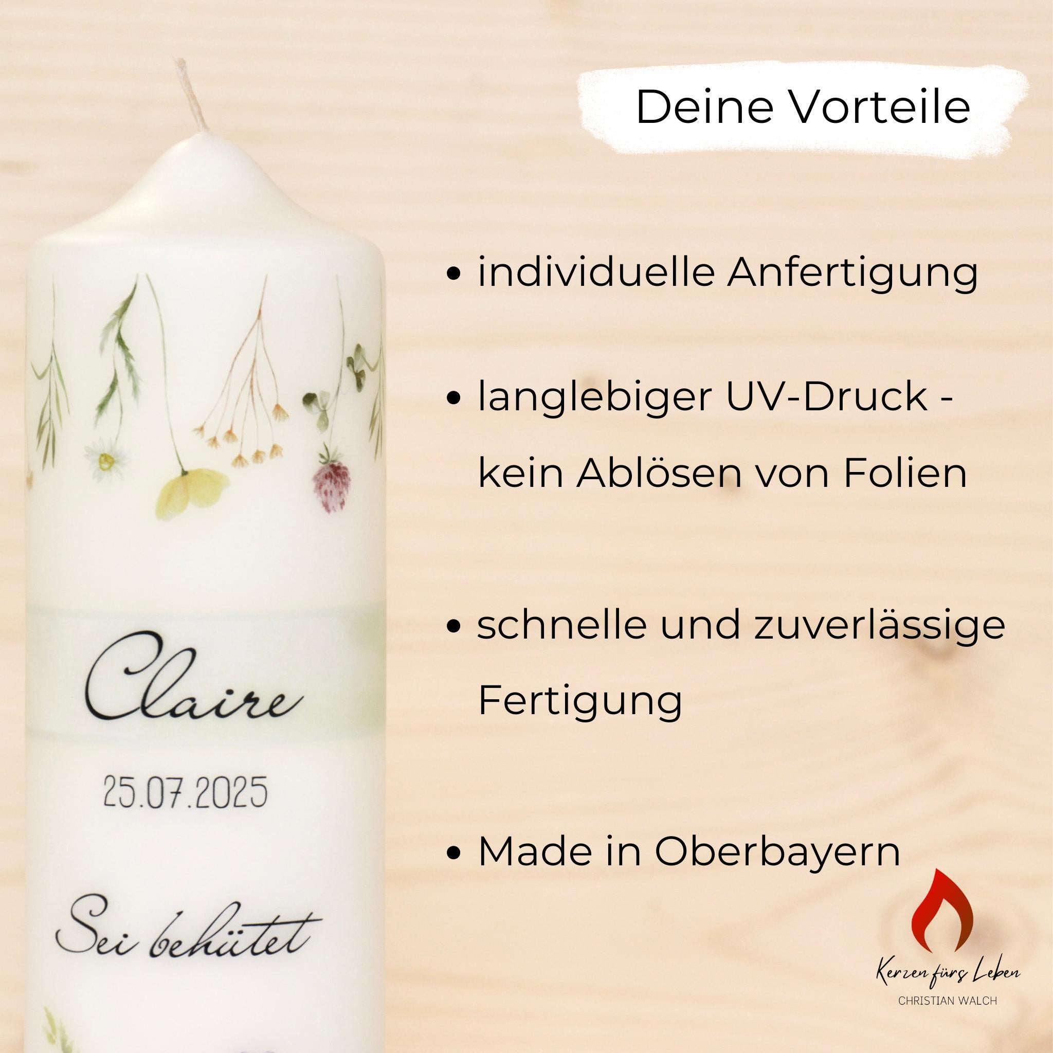 Personalisierte Kommunionkerze Blumenwiese - Claire – Mit Name, Datum & Spruch – Kerze zur Erstkommunion - Erstkommunion