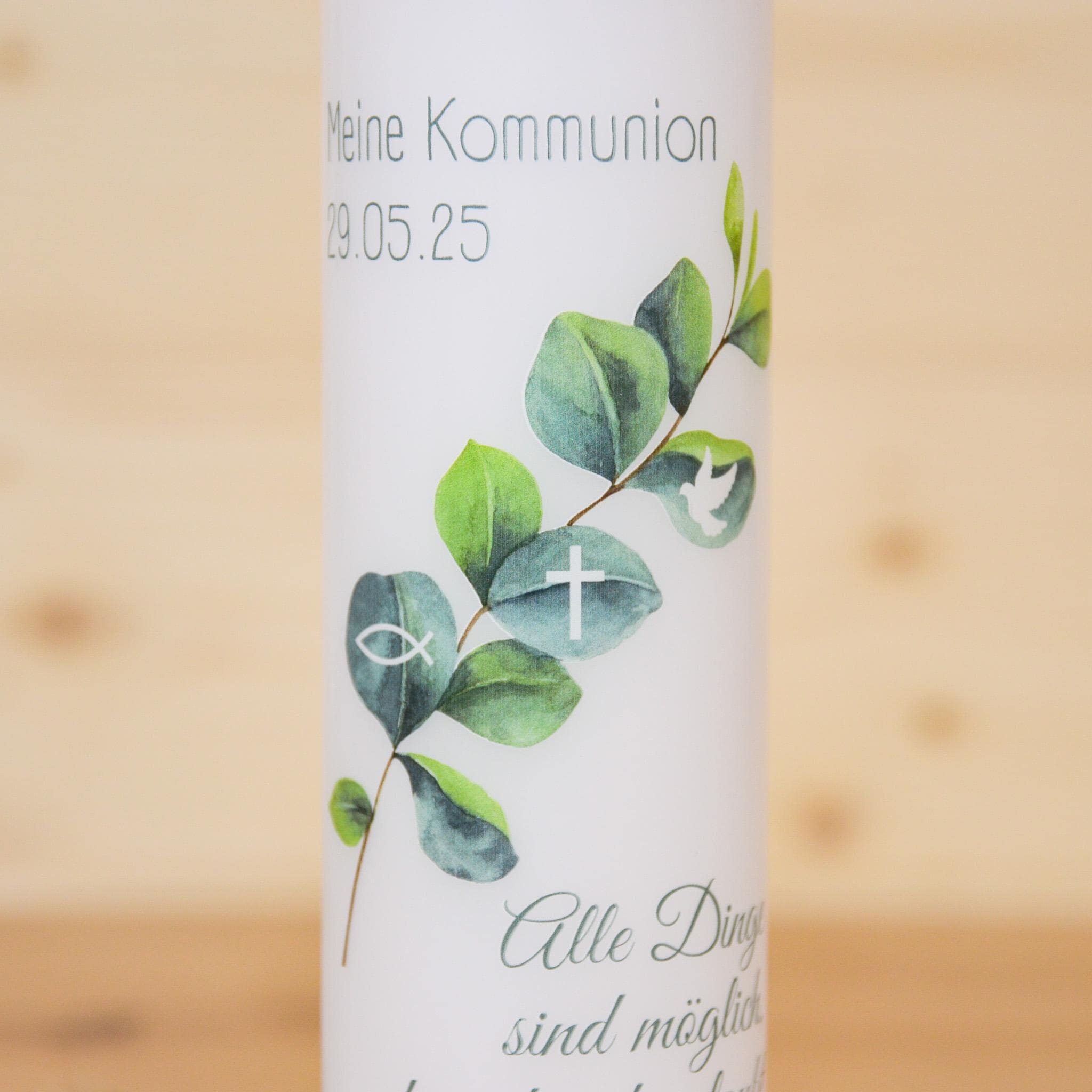 Personalisierte Kommunionkerze Eukalyptus Sarah – Mit Name, Datum & Spruch – Kerze zur Erstkommunion - Erstkommunion