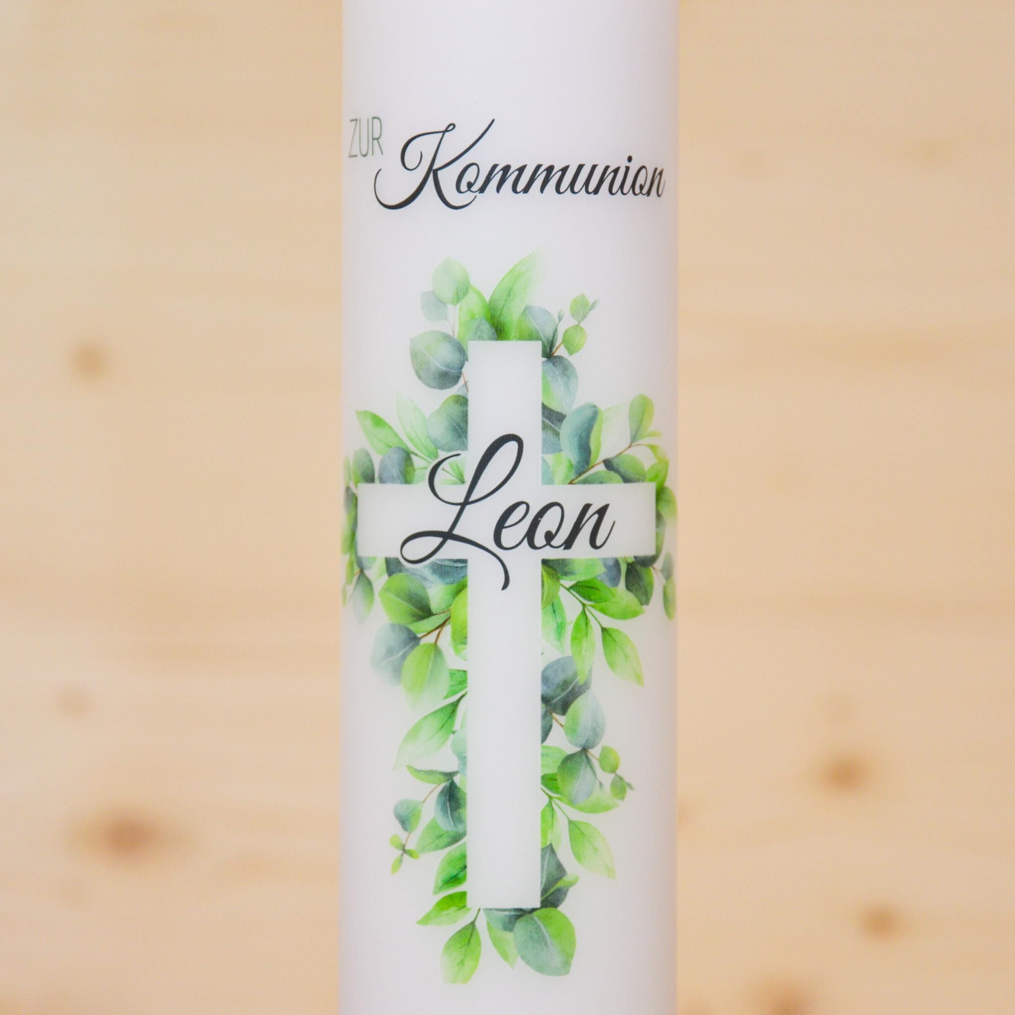 Personalisierte Kommunionkerze Kreuz Leon – Mit Name, Datum & Spruch – Kerze zur Erstkommunion - Erstkommunion
