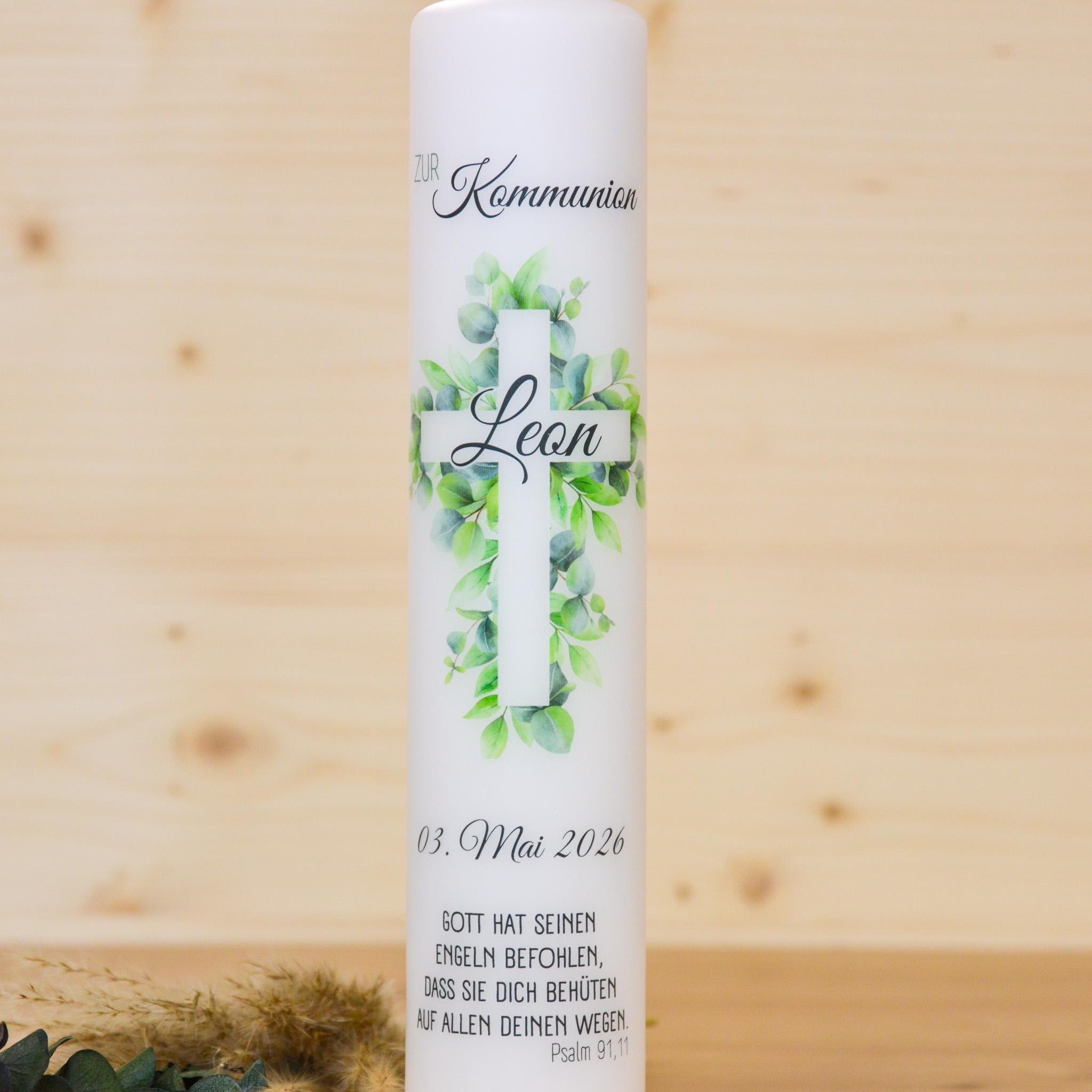 Personalisierte Kommunionkerze Kreuz Leon – Mit Name, Datum & Spruch – Kerze zur Erstkommunion - Erstkommunion