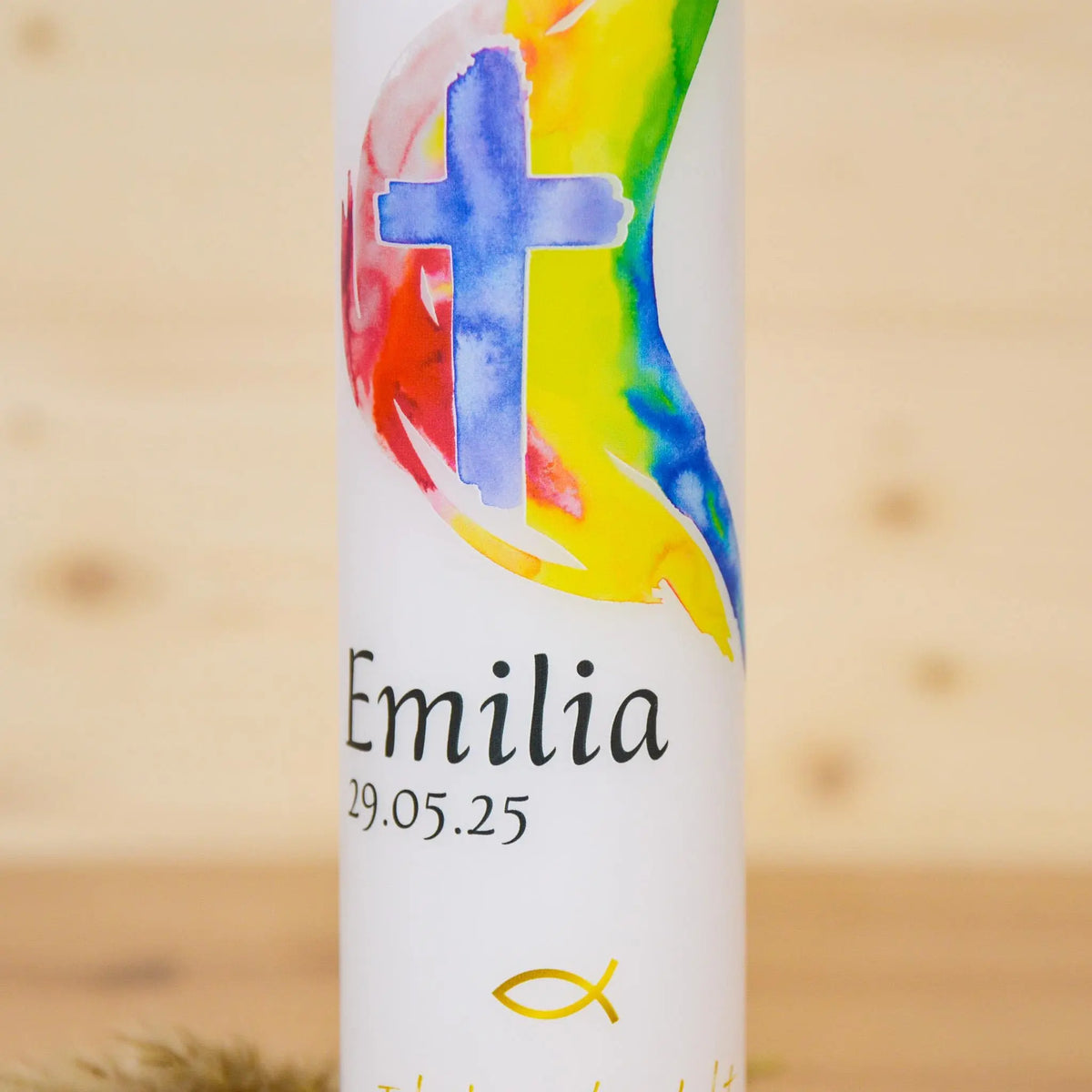 Personalisierte Kommunionkerze Regenbogen Kreuz Emilia – Mit Name, Datum & Spruch – Kerze zur Erstkommunion - Erstkommunion