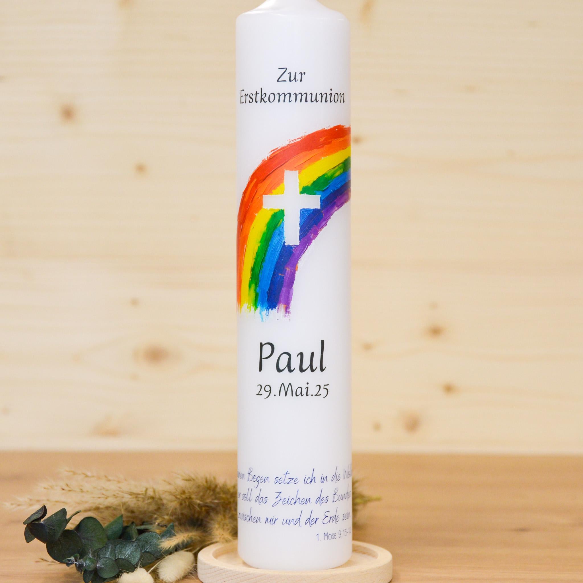 Personalisierte Kommunionkerze Regenbogen Kreuz Paul – Mit Name, Datum & Spruch – Kerze zur Erstkommunion - Erstkommunion
