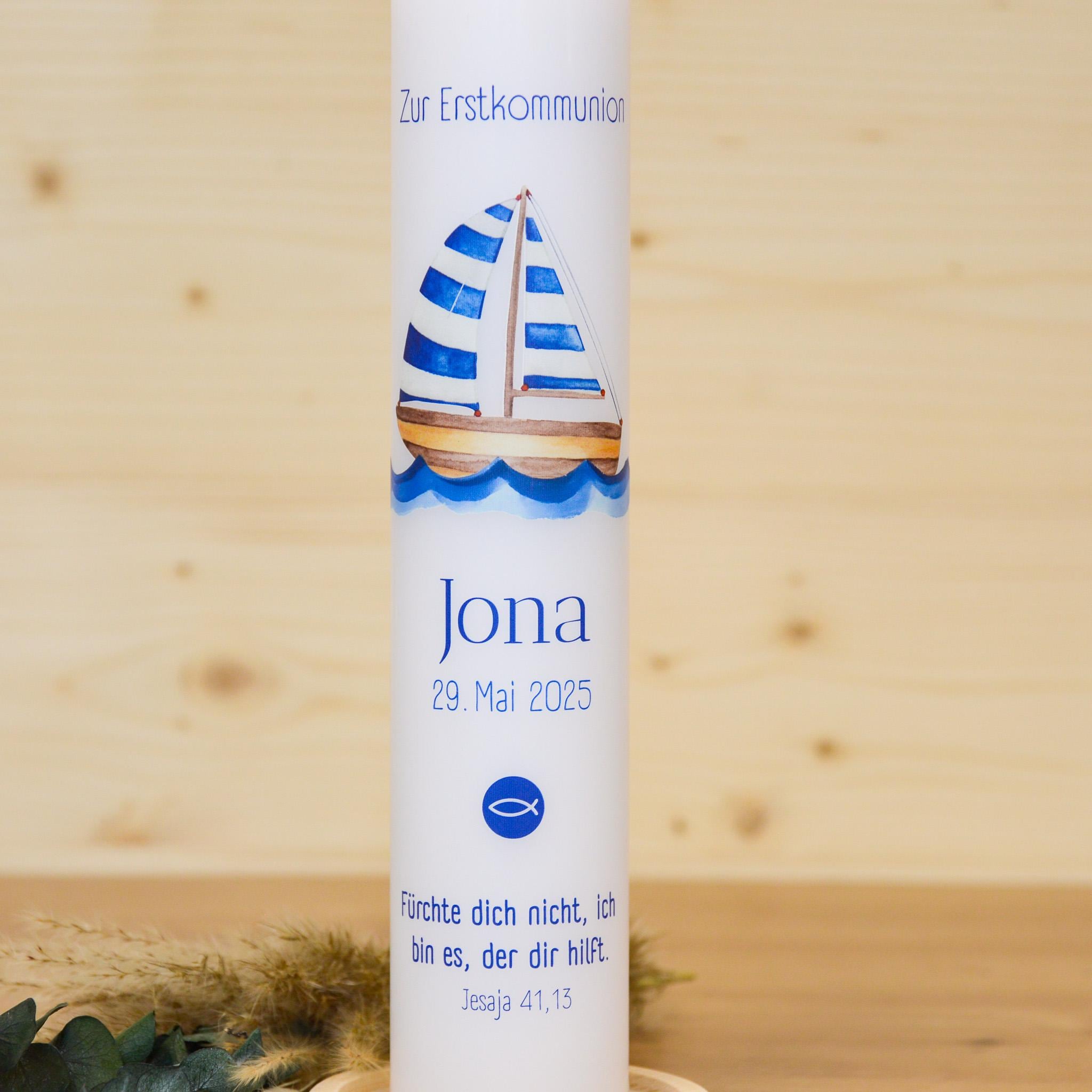 Personalisierte Kommunionkerze Schiff Jona – Mit Name, Datum & Spruch – Kerze zur Erstkommunion - Erstkommunion