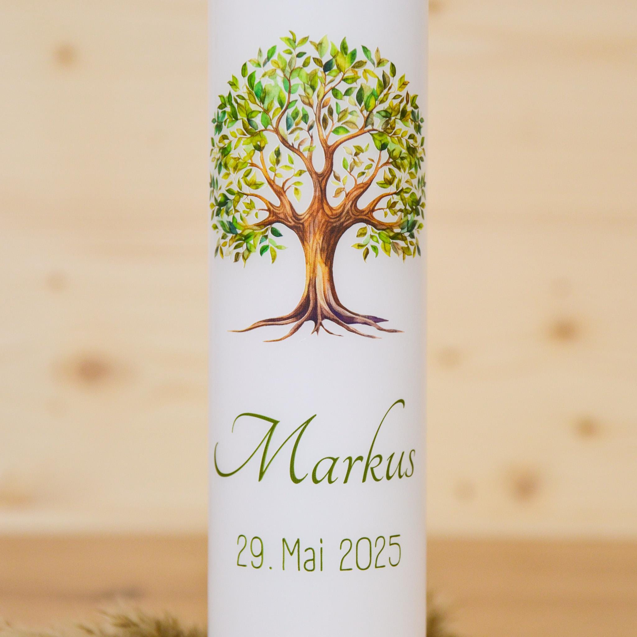Personalisierte Kommunionkerze Lebensbaum Markus – Mit Name, Datum & Spruch – Kerze zur Erstkommunion - Erstkommunion