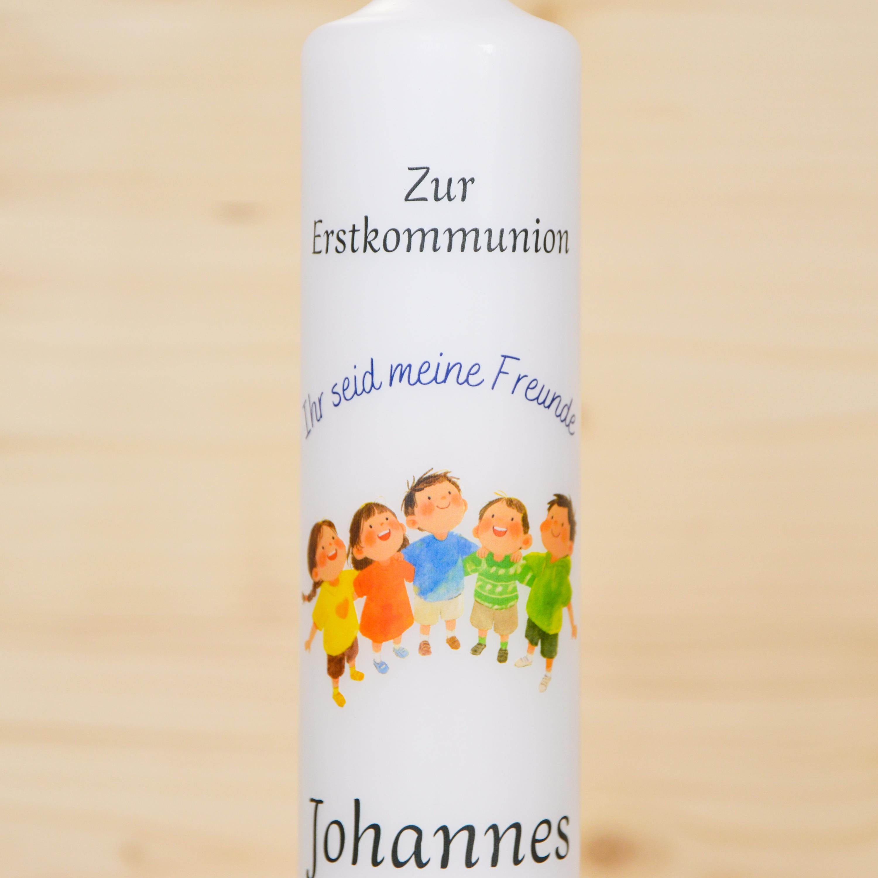 Personalisierte Kommunionkerze 2026 Johannes - Ihr seid meine Freunde – Mit Name, Datum & Spruch – Kerze Erstkommunion - Erstkommunion 2026