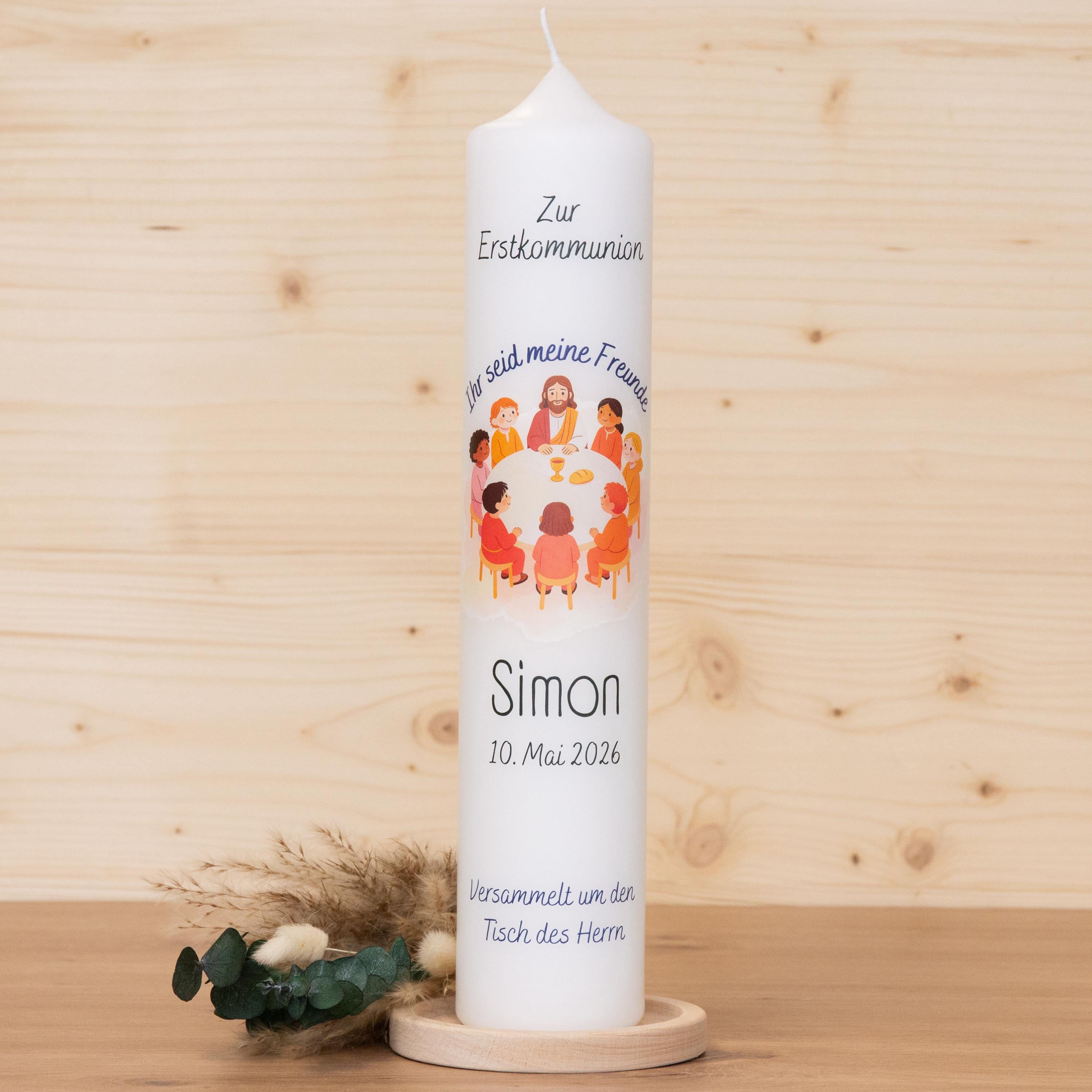 Personalisierte Kommunionkerze 2026 Simon - Ihr seid meine Freunde – Mit Name, Datum & Spruch – Kerze Erstkommunion - Erstkommunion 2026