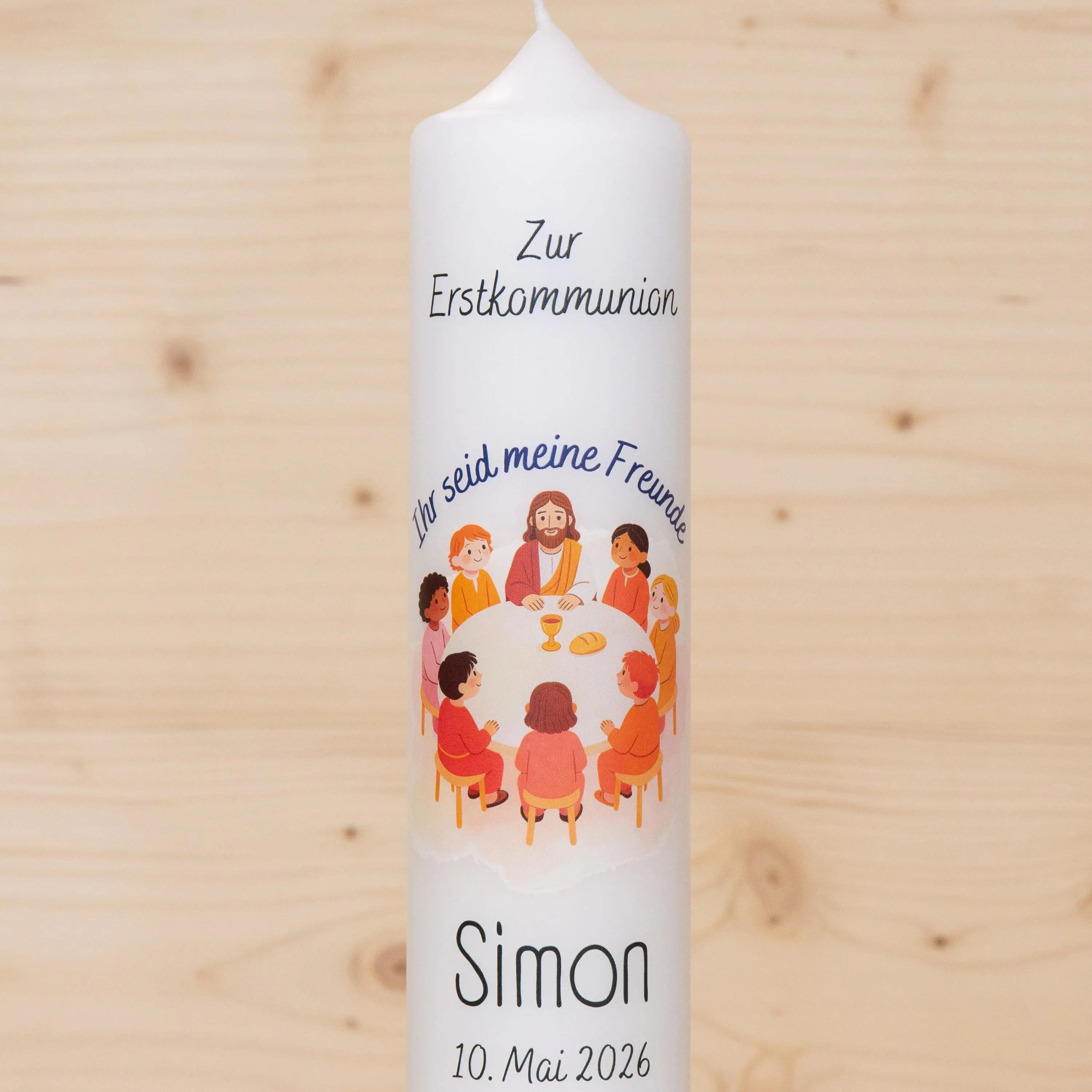 Personalisierte Kommunionkerze 2026 Simon - Ihr seid meine Freunde – Mit Name, Datum & Spruch – Kerze Erstkommunion - Erstkommunion 2026