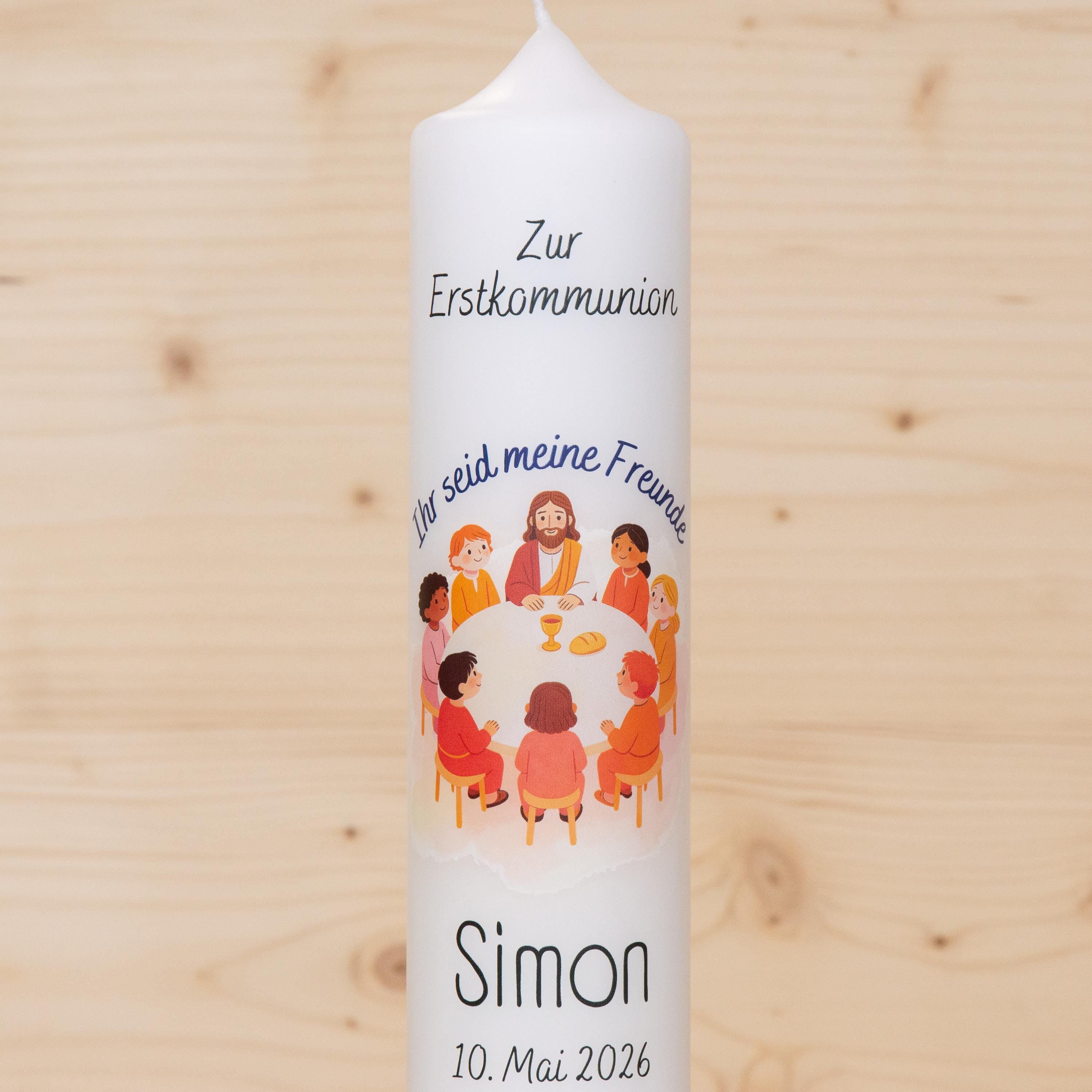 Personalisierte Kommunionkerze 2026 Simon - Ihr seid meine Freunde – Mit Name, Datum & Spruch – Kerze Erstkommunion - Erstkommunion 2026