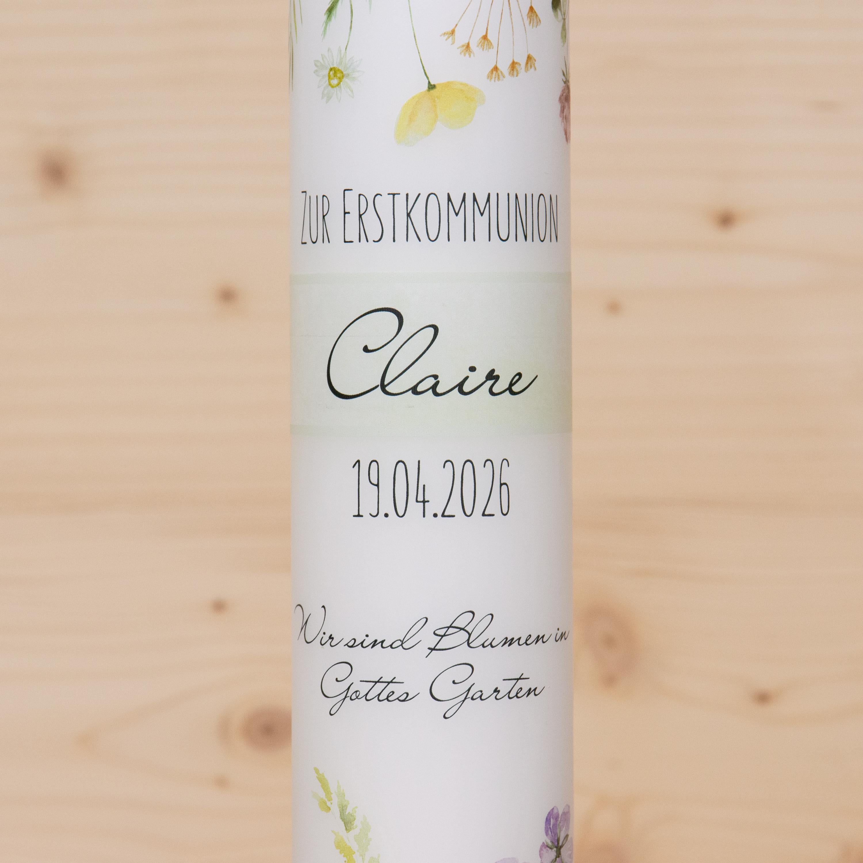 Personalisierte Kommunionkerze Blumenwiese - Claire – Mit Name, Datum & Spruch – Kerze zur Erstkommunion - Erstkommunion