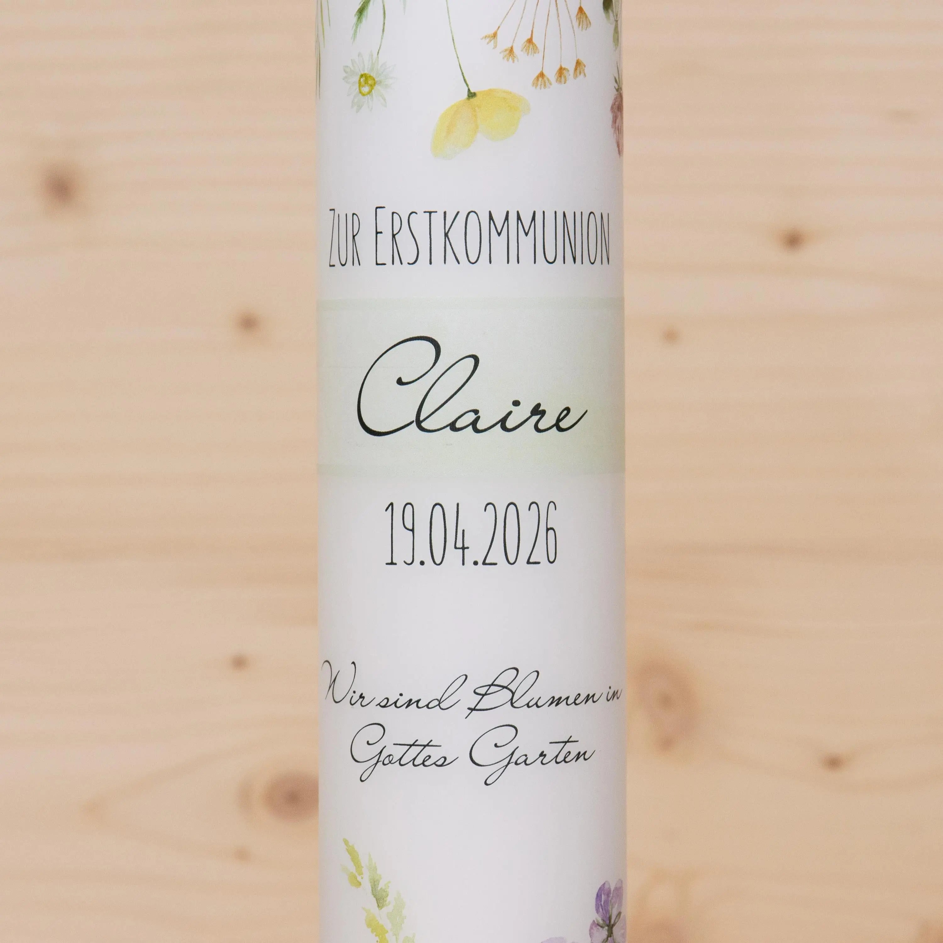 Personalisierte Kommunionkerze Blumenwiese - Claire – Mit Name, Datum & Spruch – Kerze zur Erstkommunion - Erstkommunion