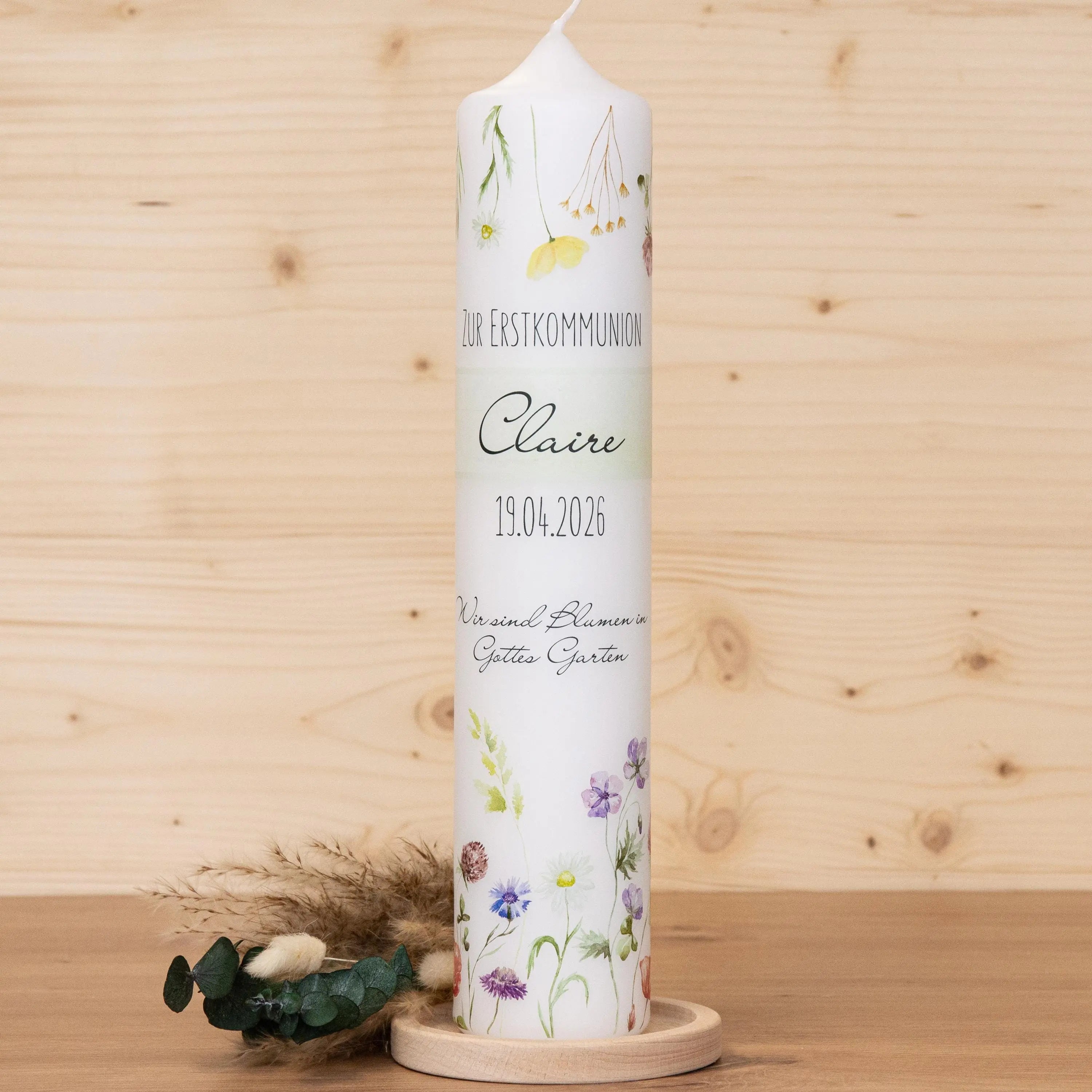 Personalisierte Kommunionkerze Blumenwiese - Claire – Mit Name, Datum & Spruch – Kerze zur Erstkommunion - Erstkommunion