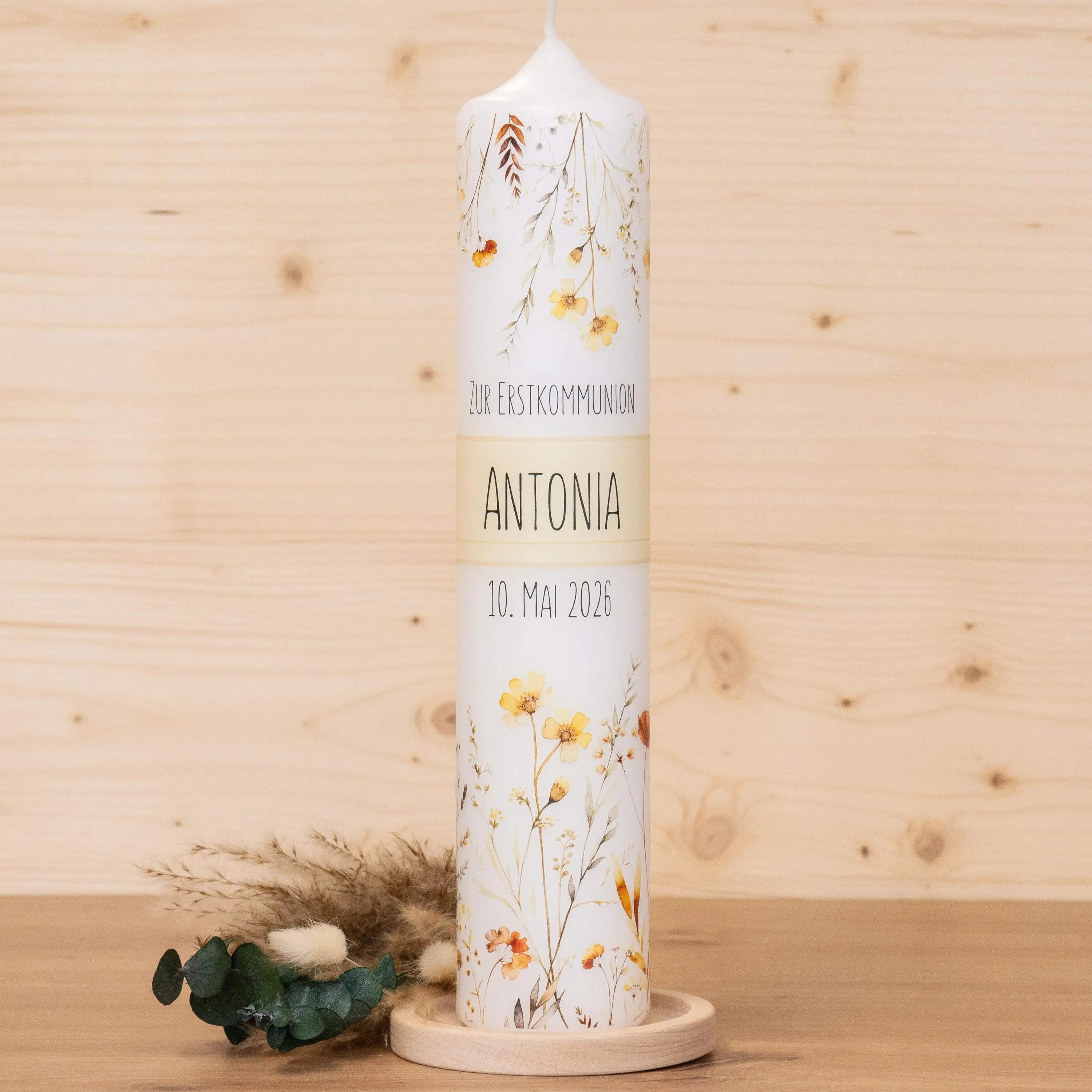 Personalisierte Kommunionkerze Blumenwiese - Antonia – Mit Name, Datum & Spruch – Kerze zur Erstkommunion - Erstkommunion