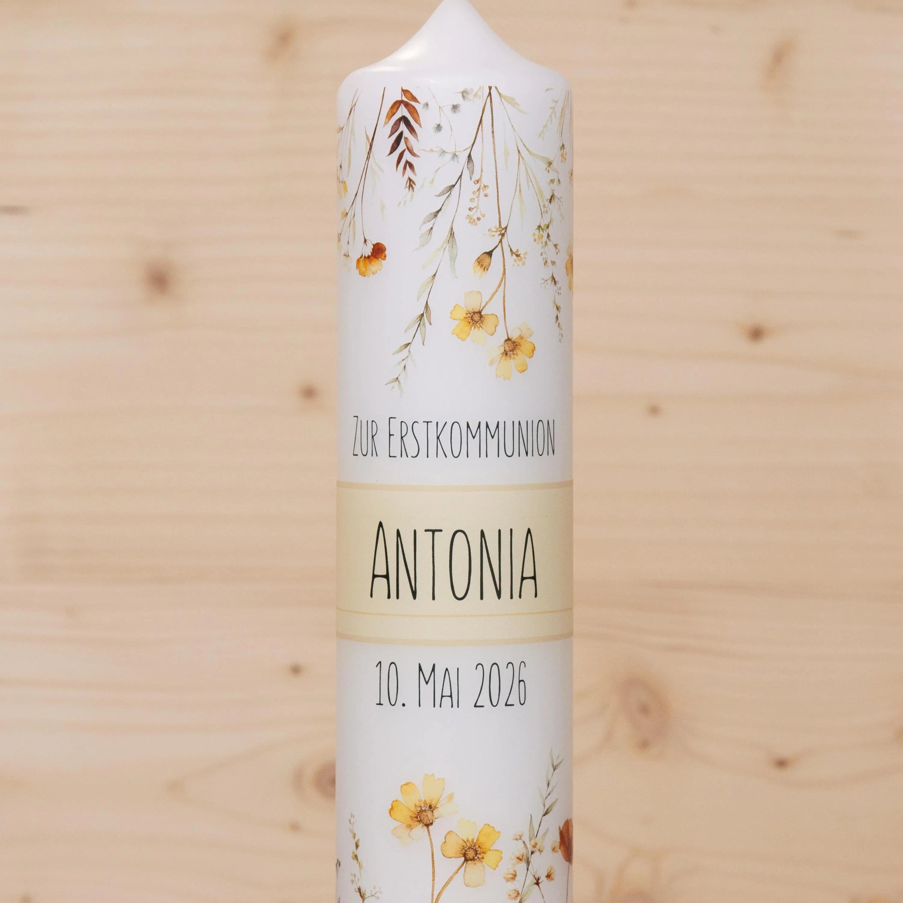 Personalisierte Kommunionkerze Blumenwiese - Antonia – Mit Name, Datum & Spruch – Kerze zur Erstkommunion - Erstkommunion