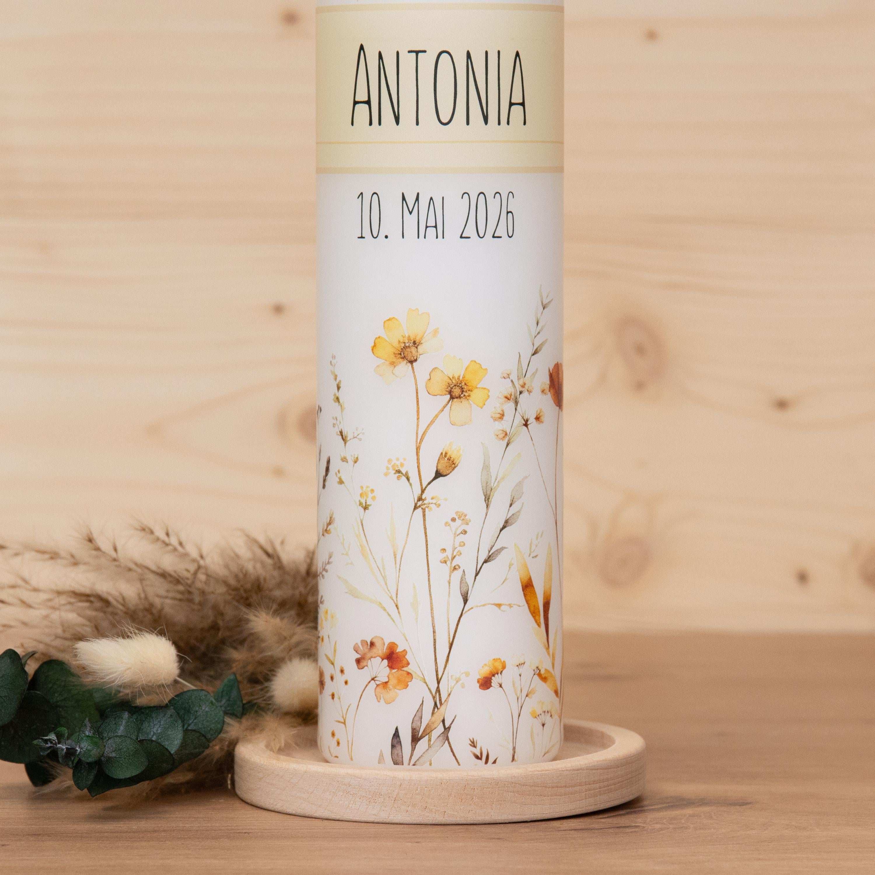 Personalisierte Kommunionkerze Blumenwiese - Antonia – Mit Name, Datum & Spruch – Kerze zur Erstkommunion - Erstkommunion