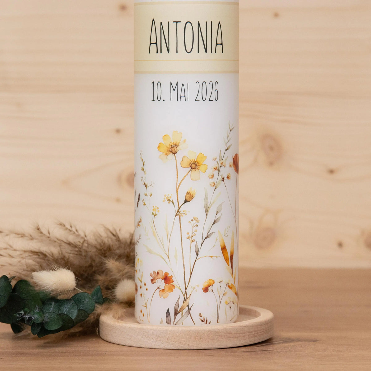 Personalisierte Kommunionkerze Blumenwiese - Antonia – Mit Name, Datum & Spruch – Kerze zur Erstkommunion - Erstkommunion