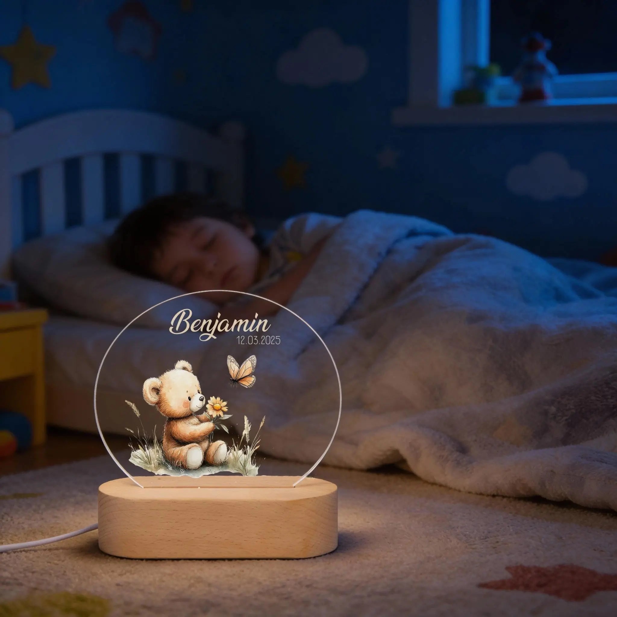 Personalisierte Nachtlampe Bär Schmetterling, Babygeschenk Geburt, Geschenk zur Geburt, Taufgeschenk, Geburtstagsgeschenk, Nachtlicht Kinder