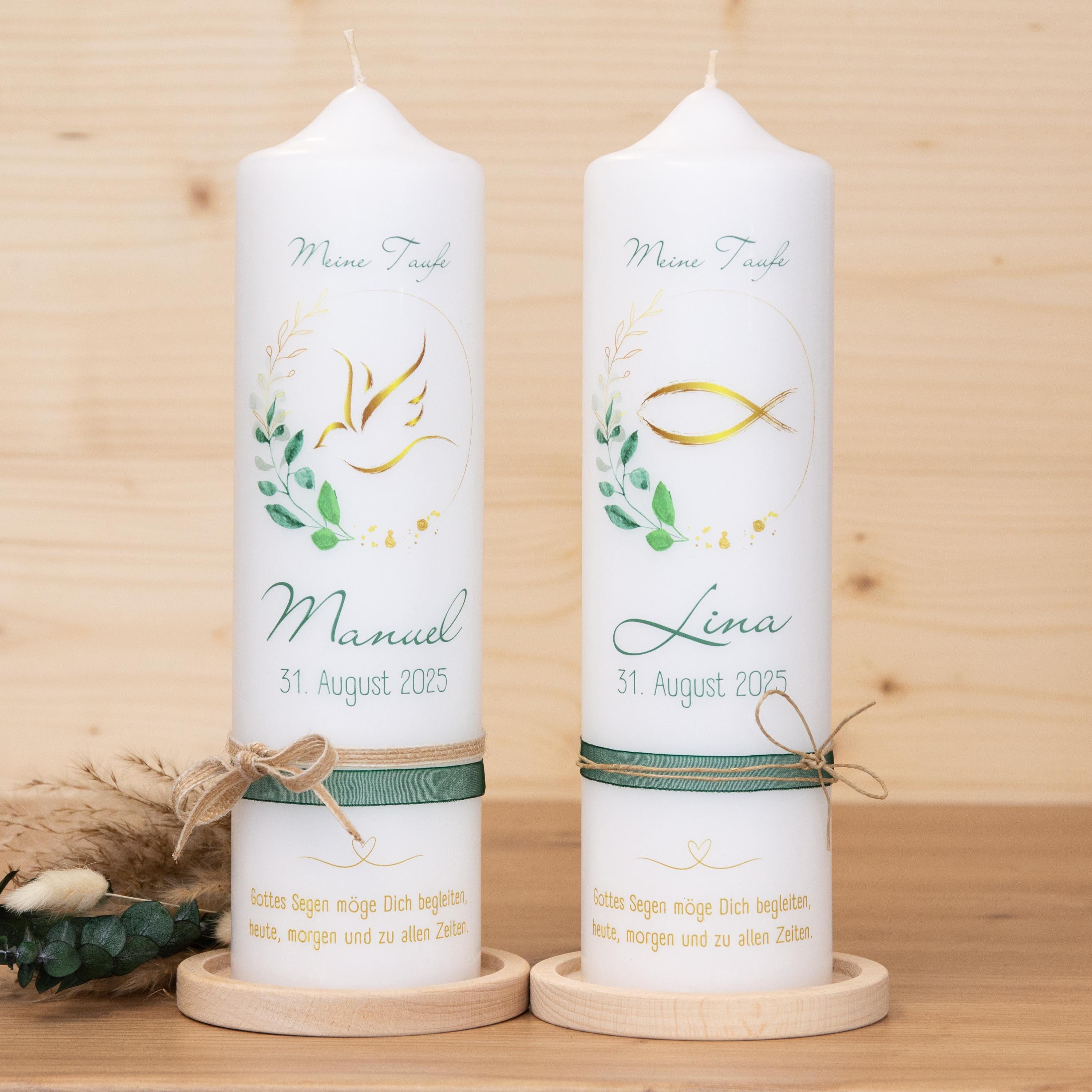 personalisierte Taufkerze - mit Fisch oder Taube als Motiv - Gratis Bänder ! - Geschenk zur Taufe - Taufe, Kerze zur Taufe, Taufkerze