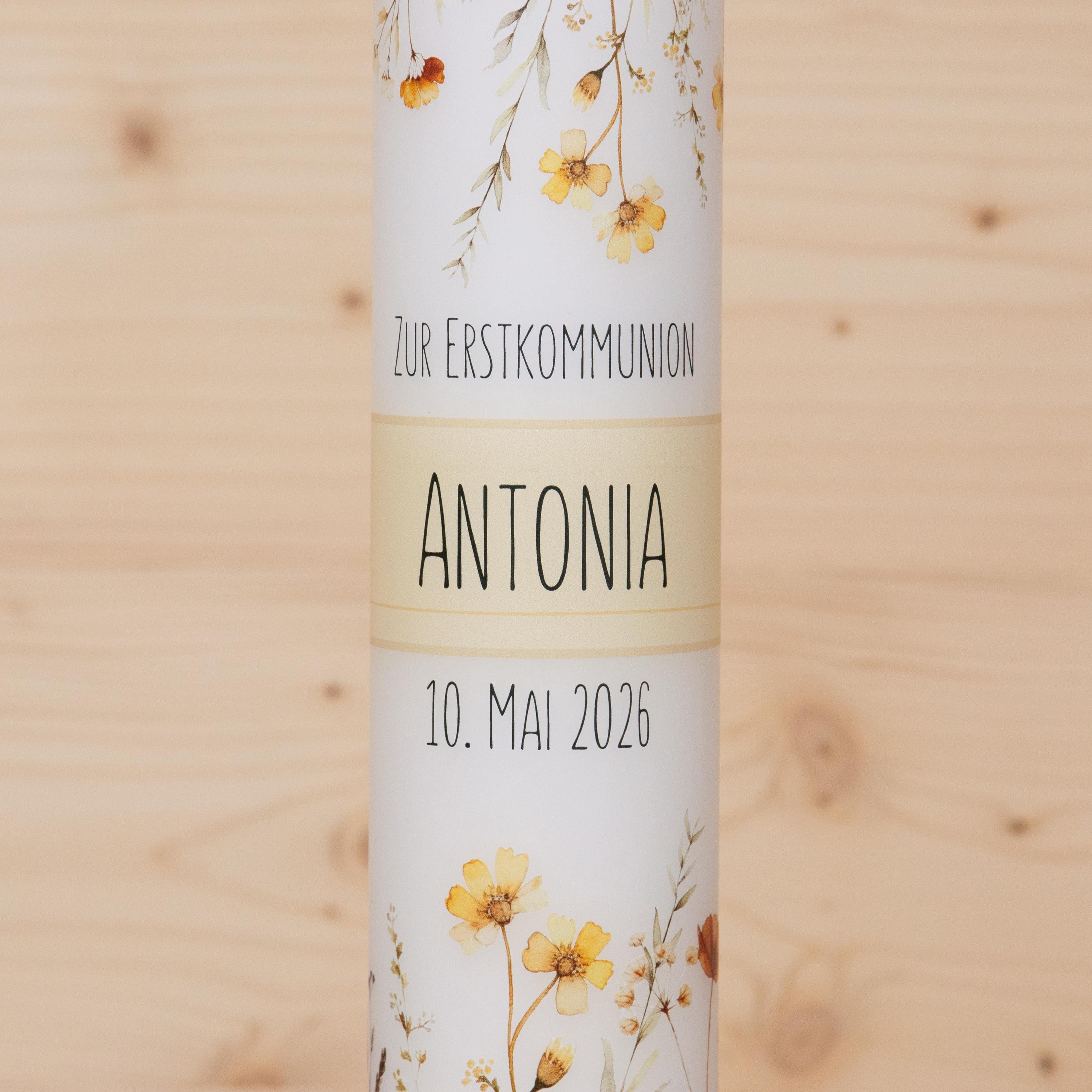 Personalisierte Kommunionkerze Blumenwiese - Antonia – Mit Name, Datum & Spruch – Kerze zur Erstkommunion - Erstkommunion