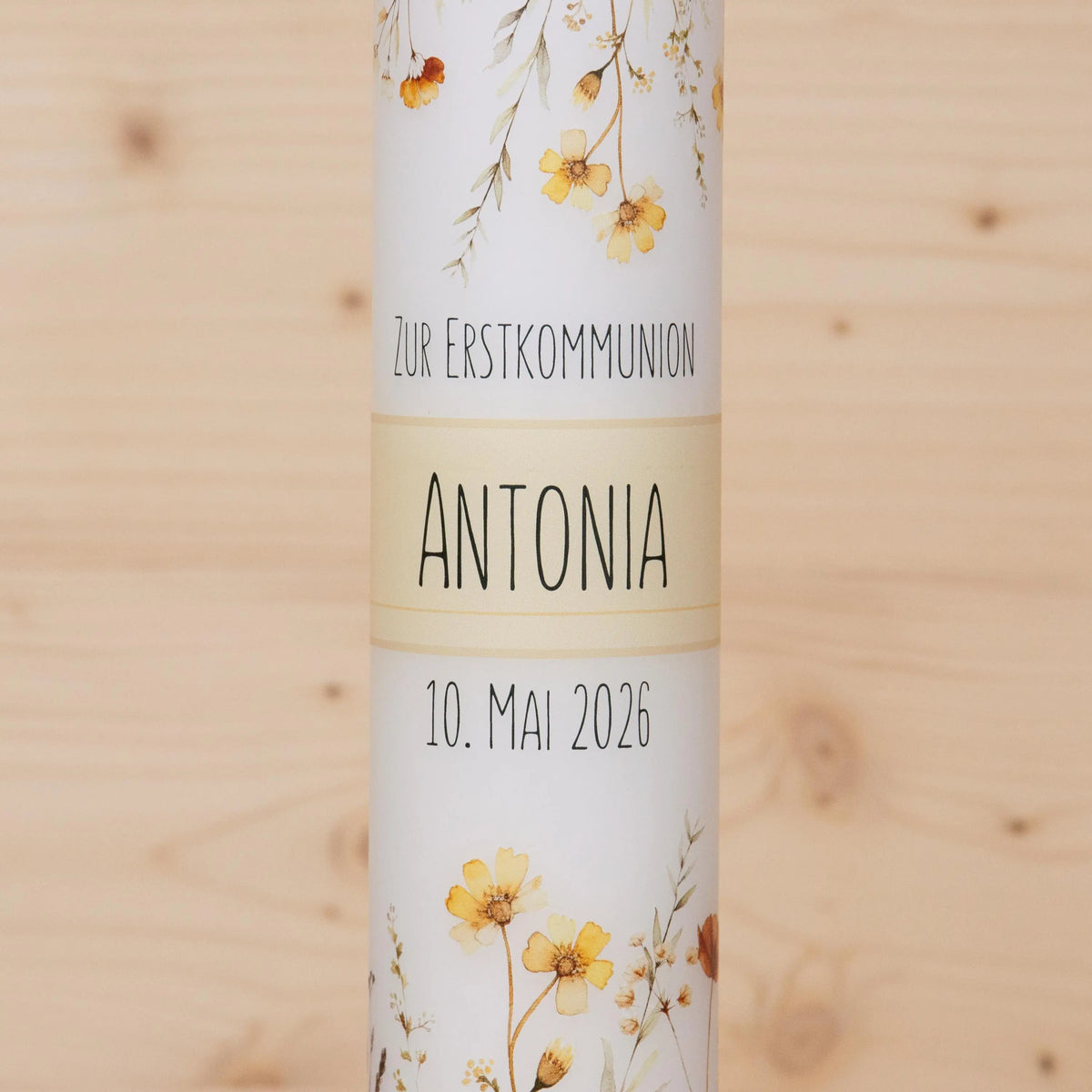 Personalisierte Kommunionkerze Blumenwiese - Antonia – Mit Name, Datum & Spruch – Kerze zur Erstkommunion - Erstkommunion